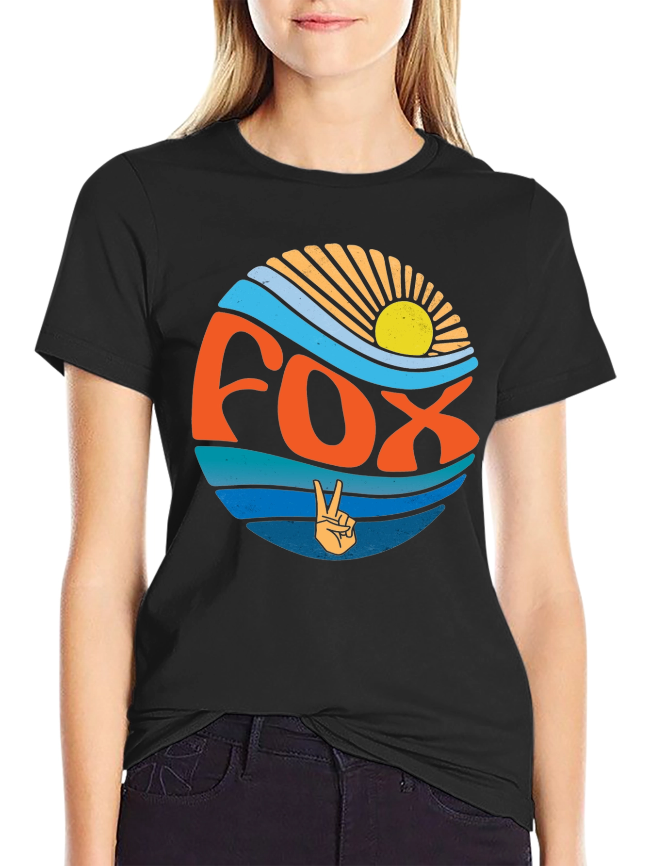 Retro Fox Peace Sign Graphic Tee - Black
