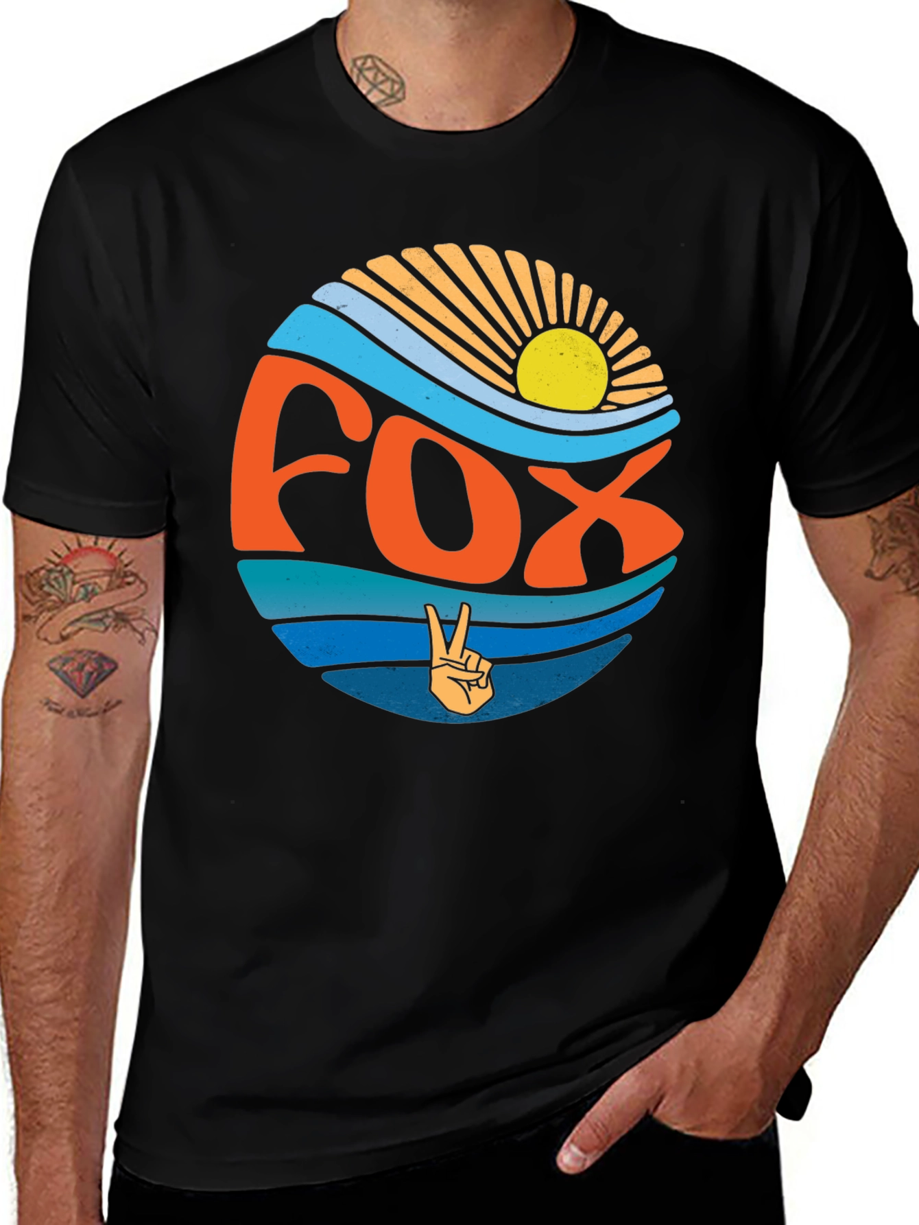 Retro Fox Peace Sign Graphic Tee - Black