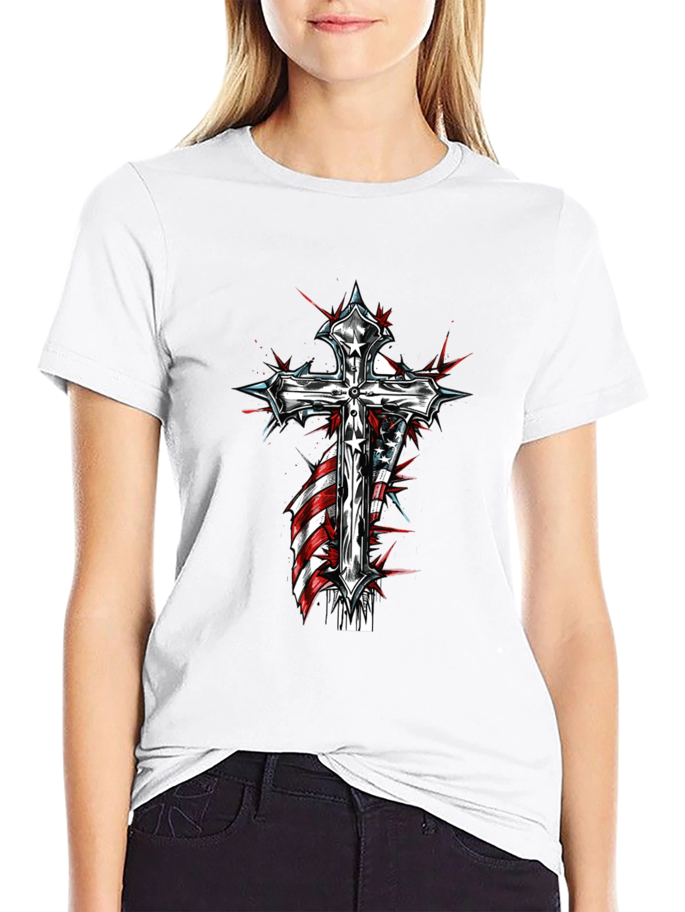 Cross & American Flag Graphic Black T-Shirt