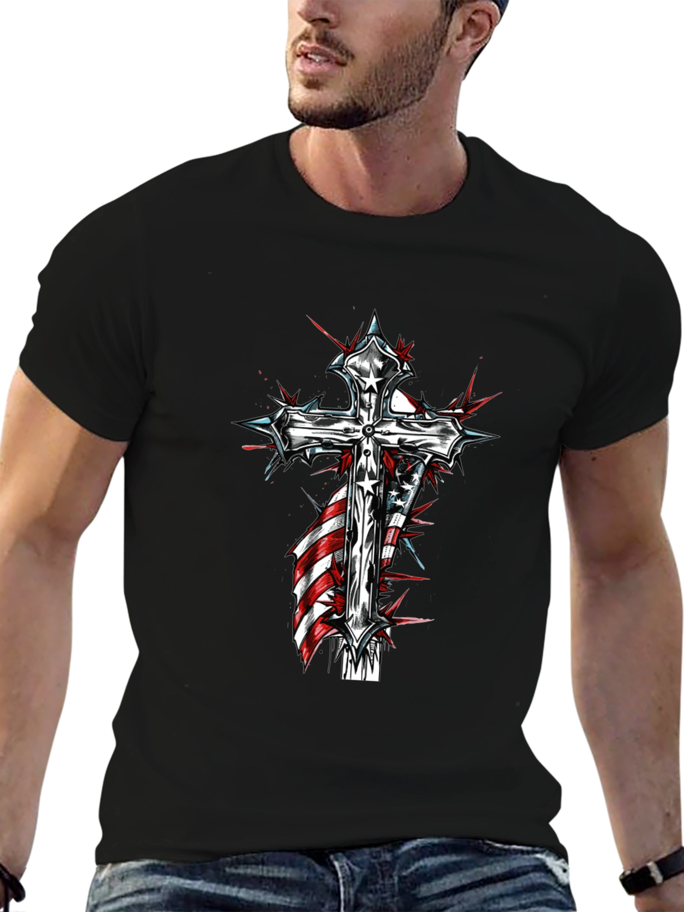 Cross & American Flag Graphic Black T-Shirt
