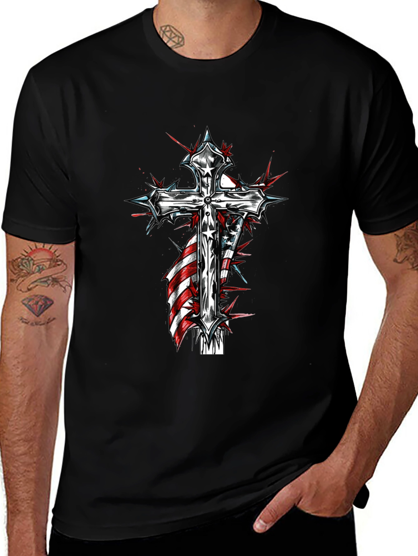 Cross & American Flag Graphic Black T-Shirt