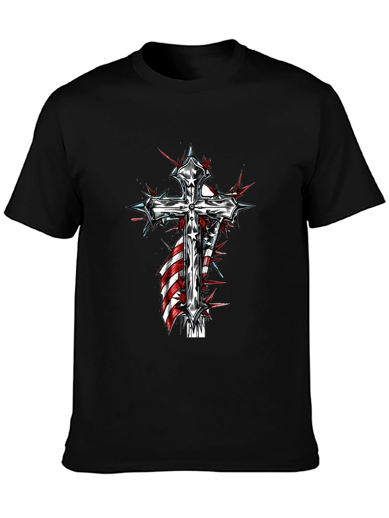 Cross & American Flag Graphic Black T-Shirt