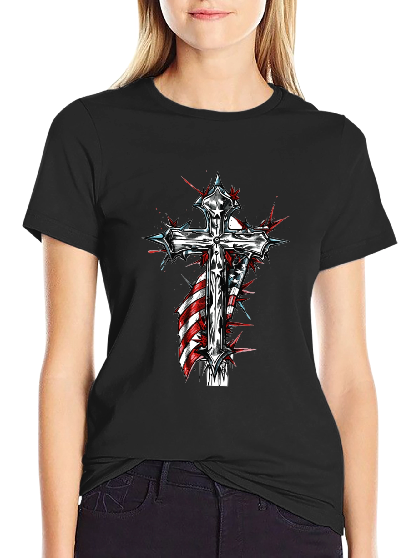 Cross & American Flag Graphic Black T-Shirt
