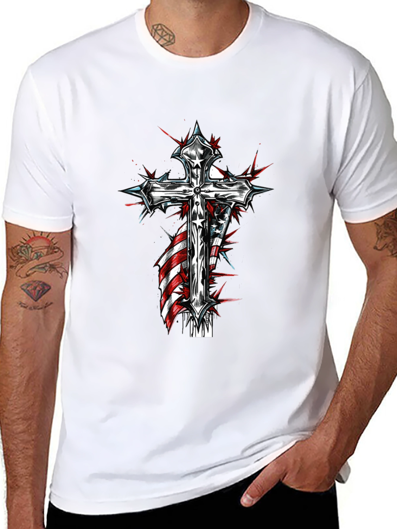 Cross & American Flag Graphic Black T-Shirt