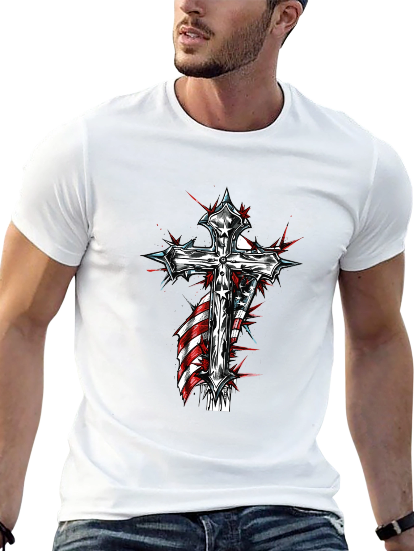Cross & American Flag Graphic Black T-Shirt