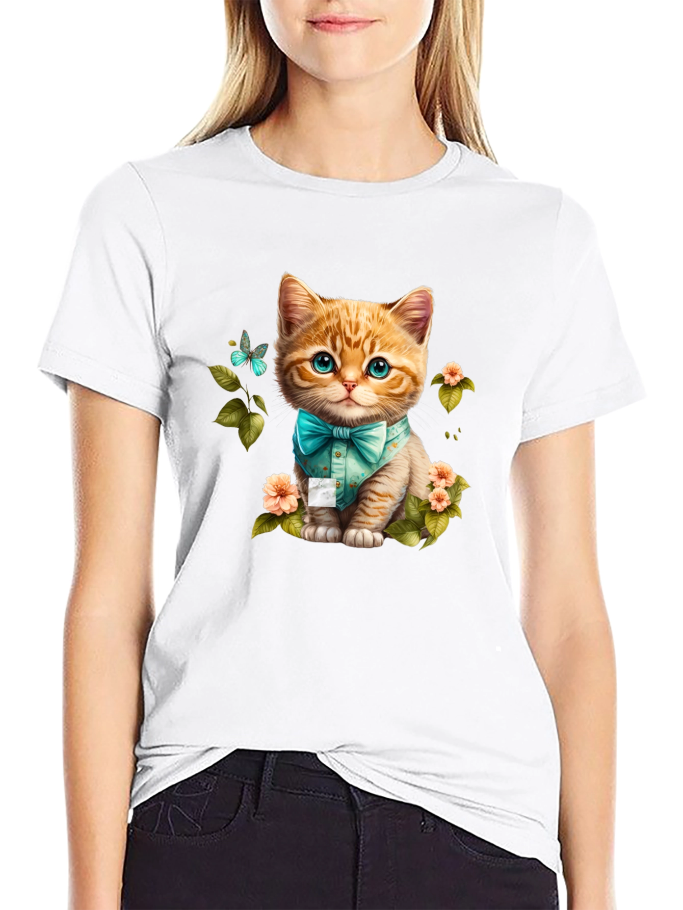 Cat with Bow Tie Graphic Tee - Black