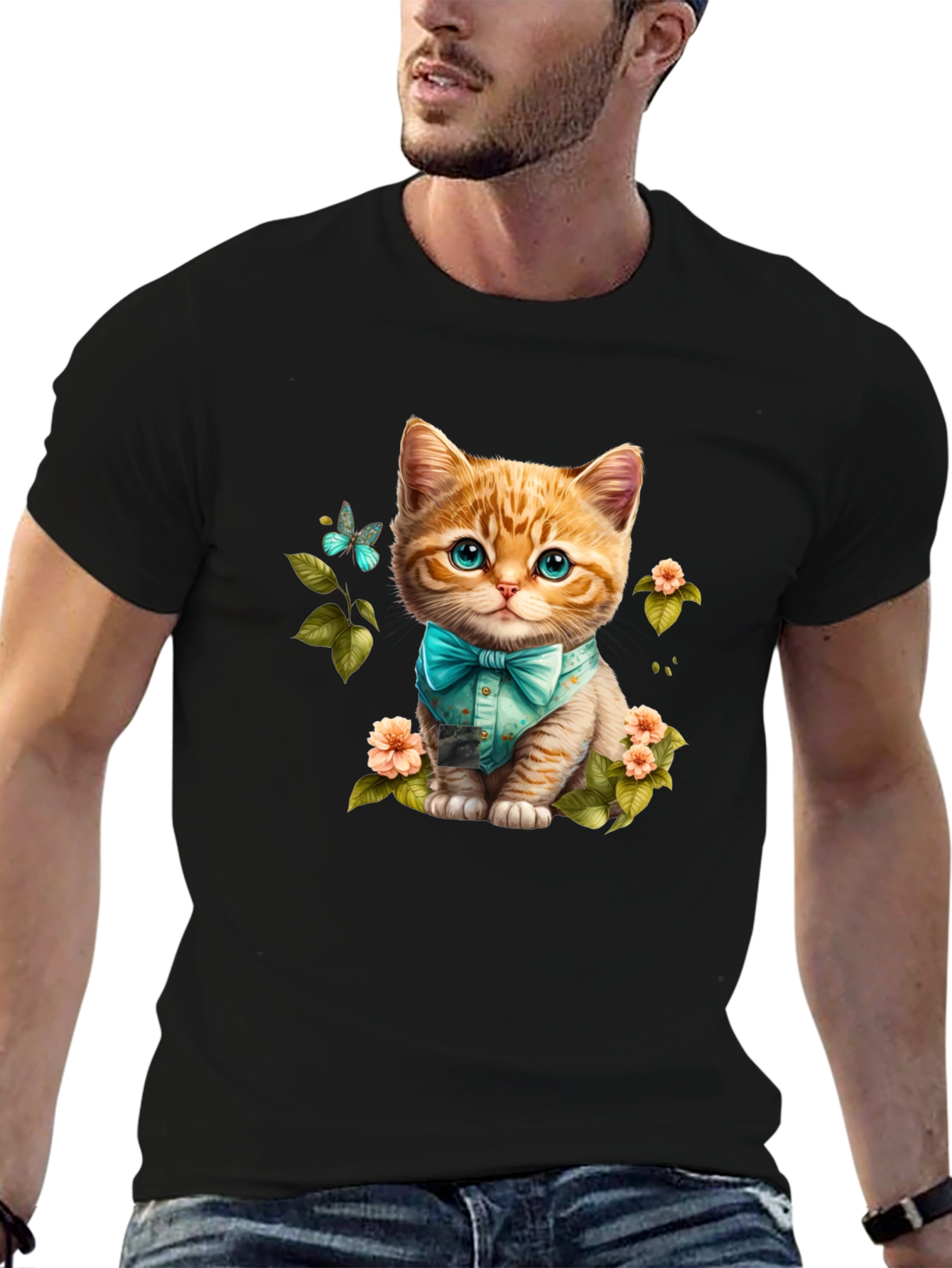 Cat with Bow Tie Graphic Tee - Black