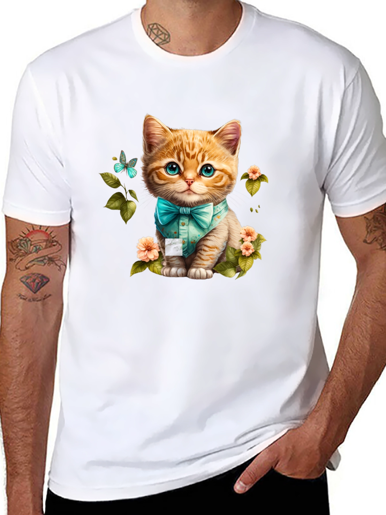 Cat with Bow Tie Graphic Tee - Black