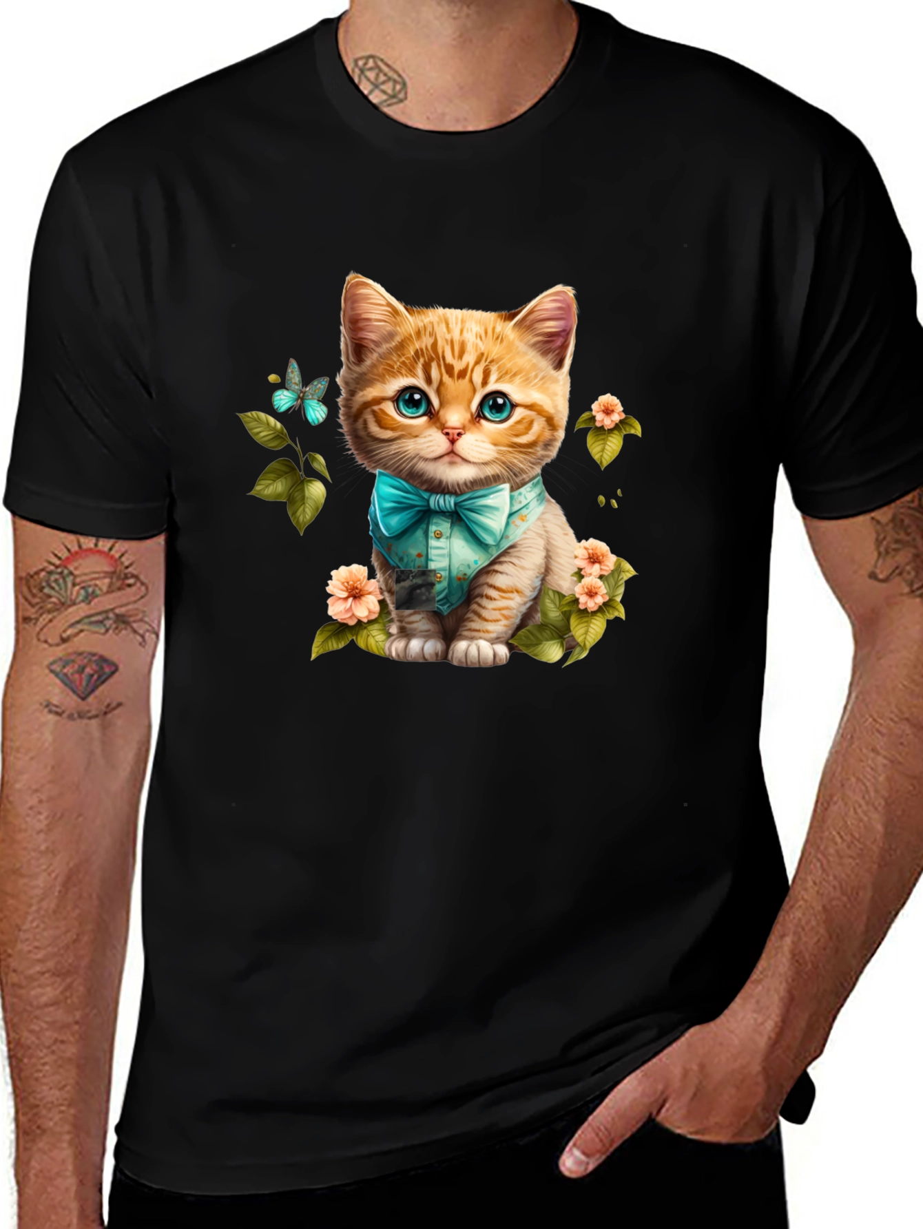 Cat with Bow Tie Graphic Tee - Black