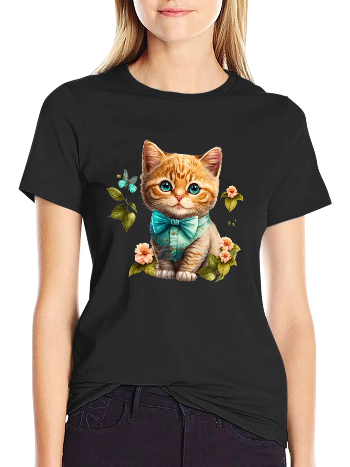 Cat with Bow Tie Graphic Tee - Black