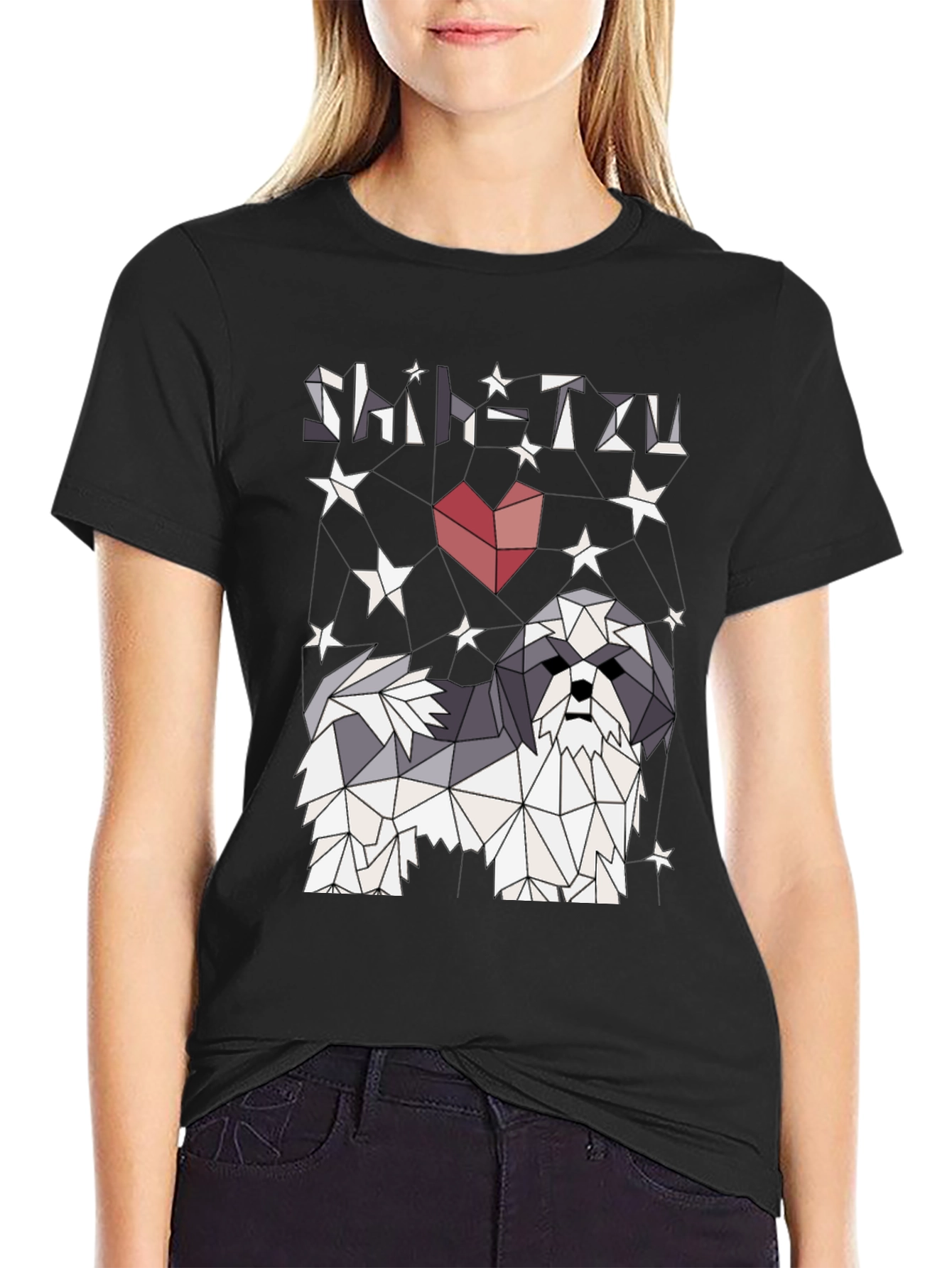 Shih Tzu Geometric Art Black Graphic Tee