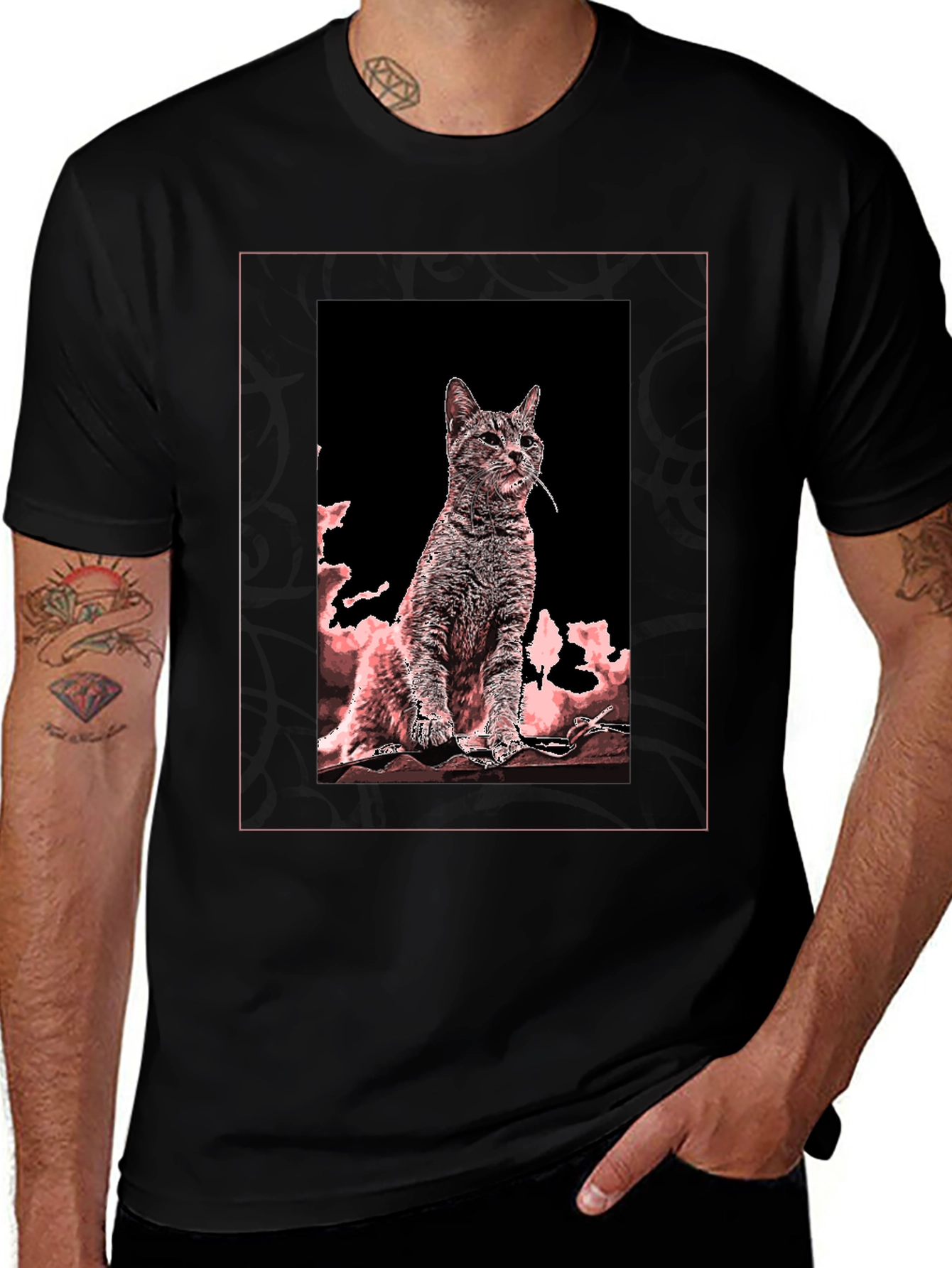 Artistic Cat Graphic Tee - Black