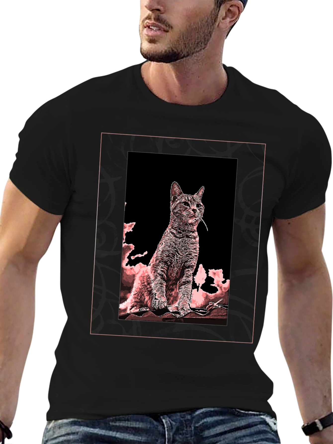Artistic Cat Graphic Tee - Black