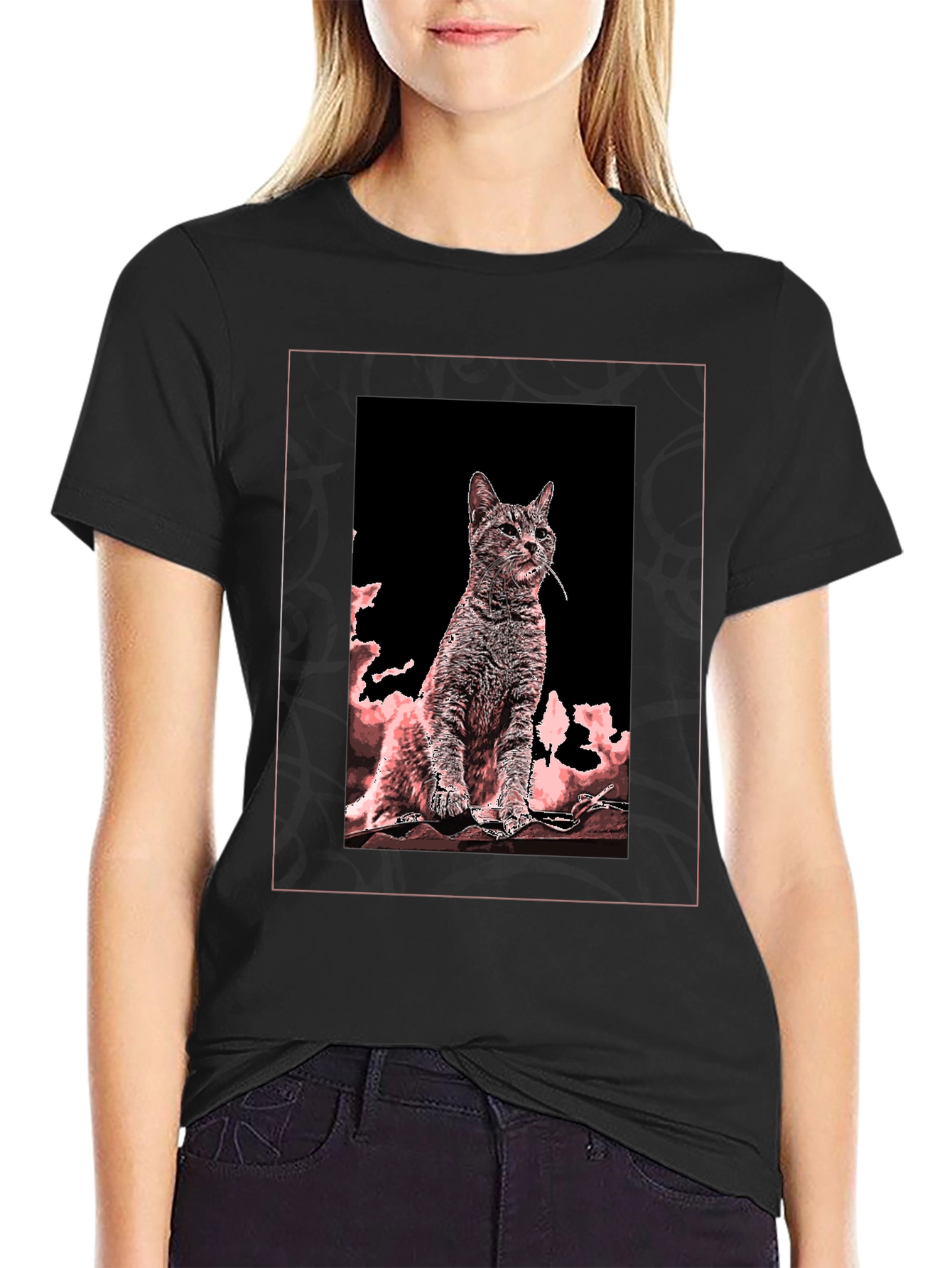 Artistic Cat Graphic Tee - Black