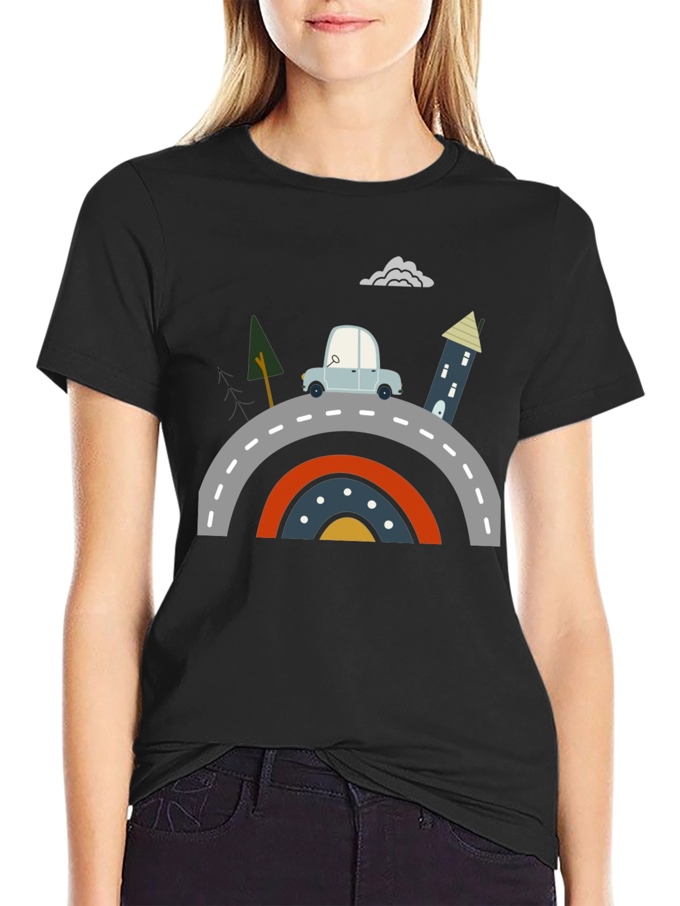 Cartoon Car on Rainbow Bridge Graphic Tee