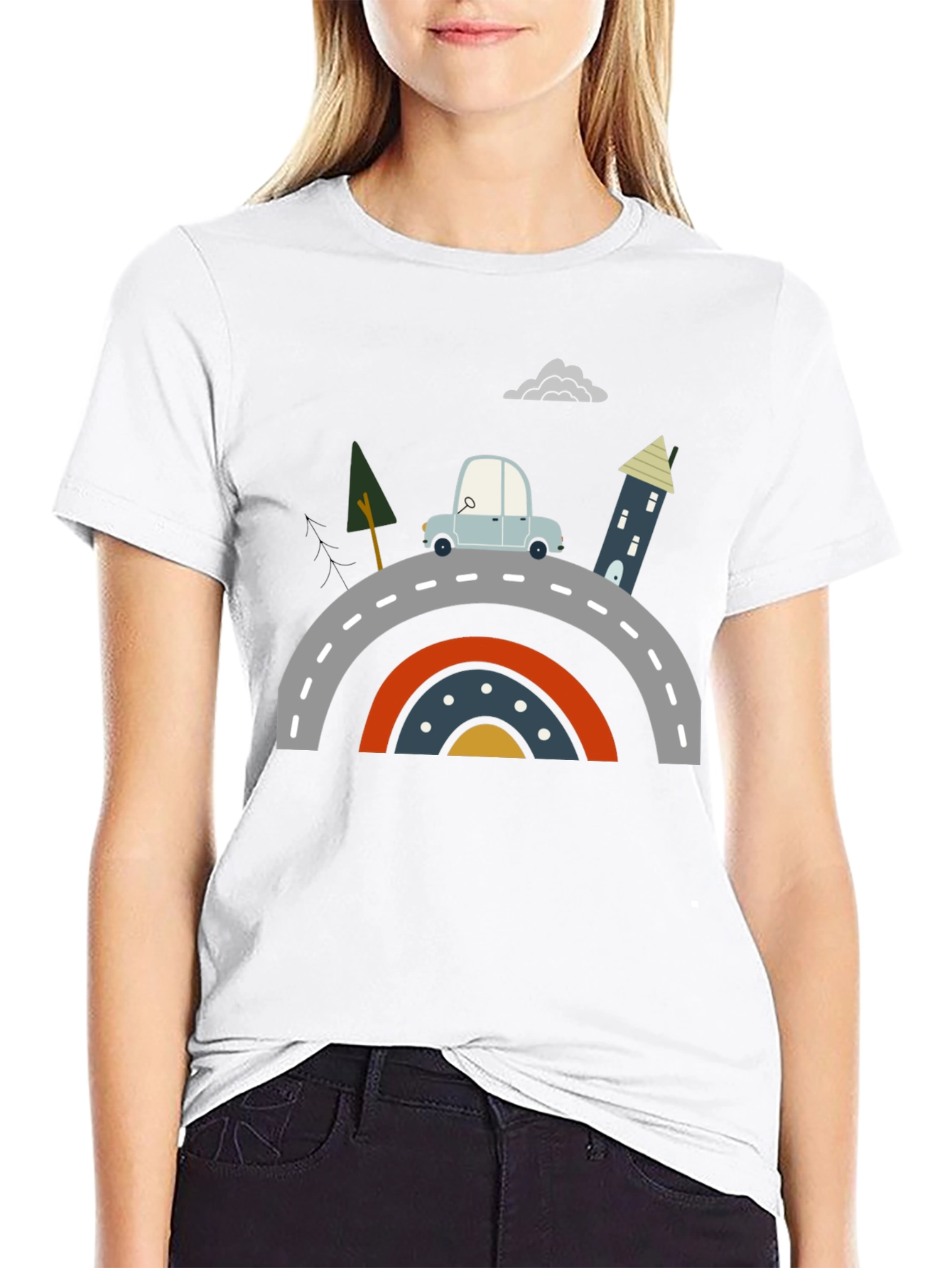 Cartoon Car on Rainbow Bridge Graphic Tee