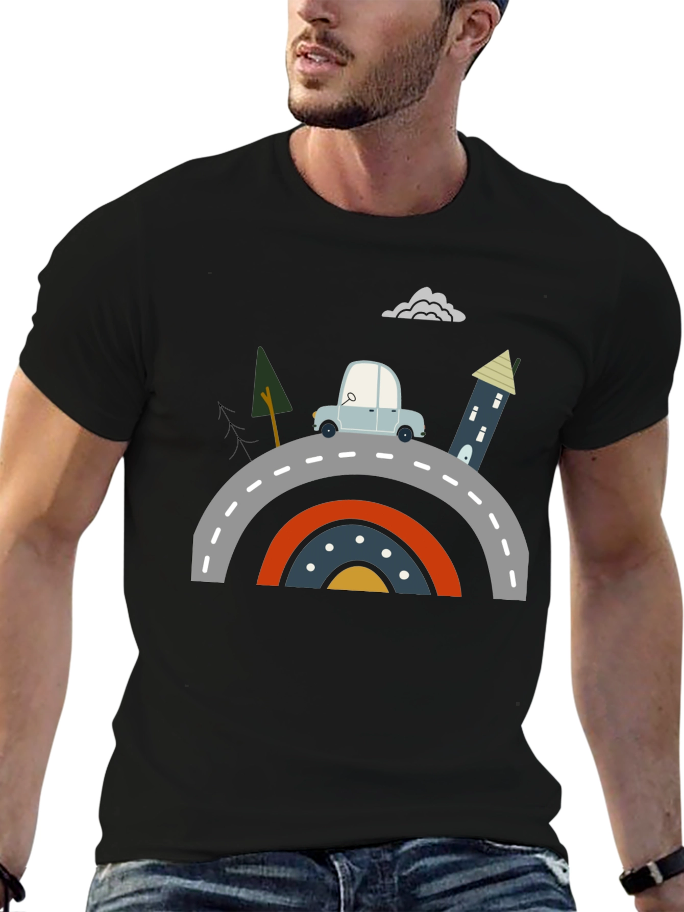Cartoon Car on Rainbow Bridge Graphic Tee