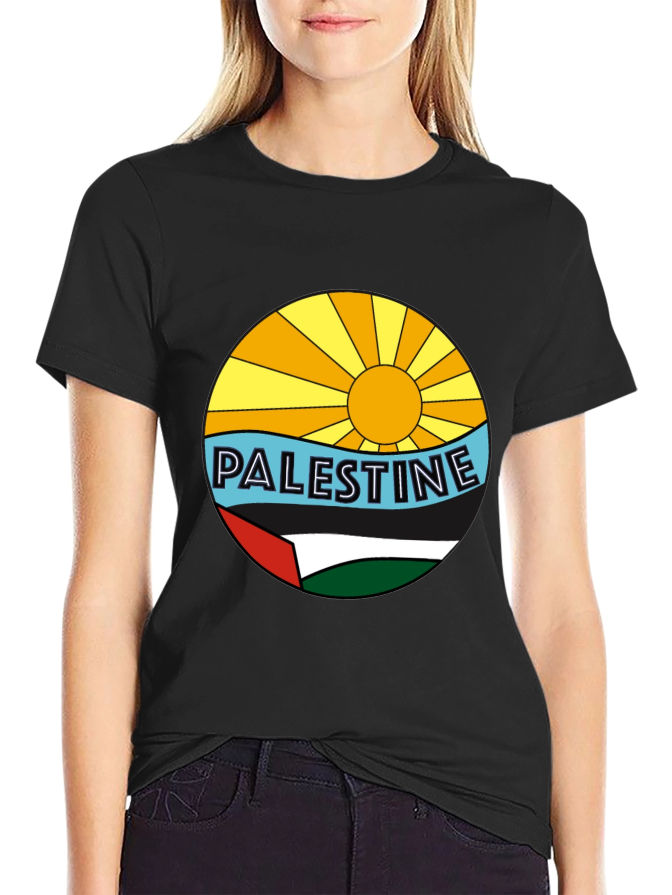 Palestine Graphic Tee - Sun Sea & Flag Design