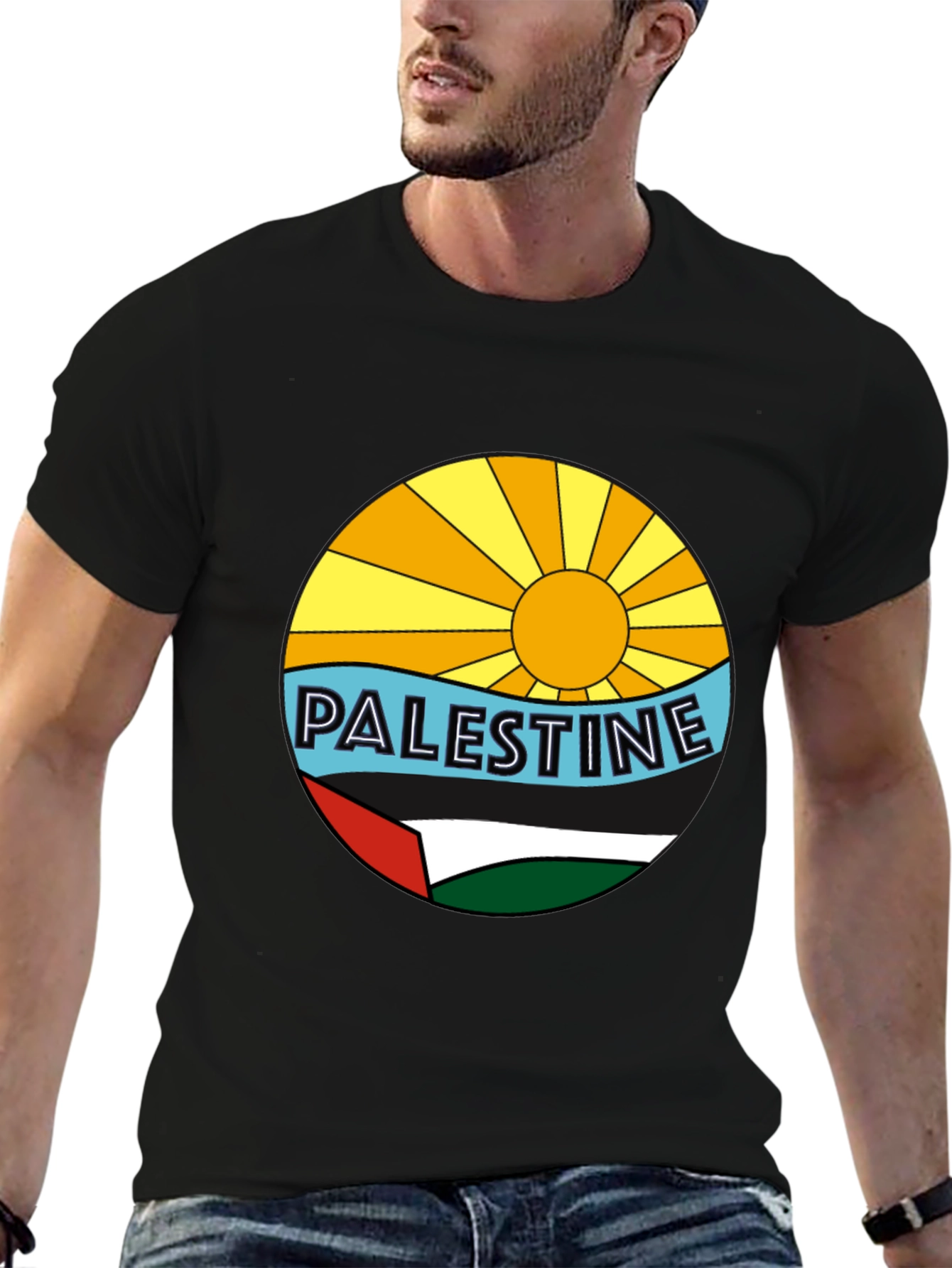 Palestine Graphic Tee - Sun Sea & Flag Design