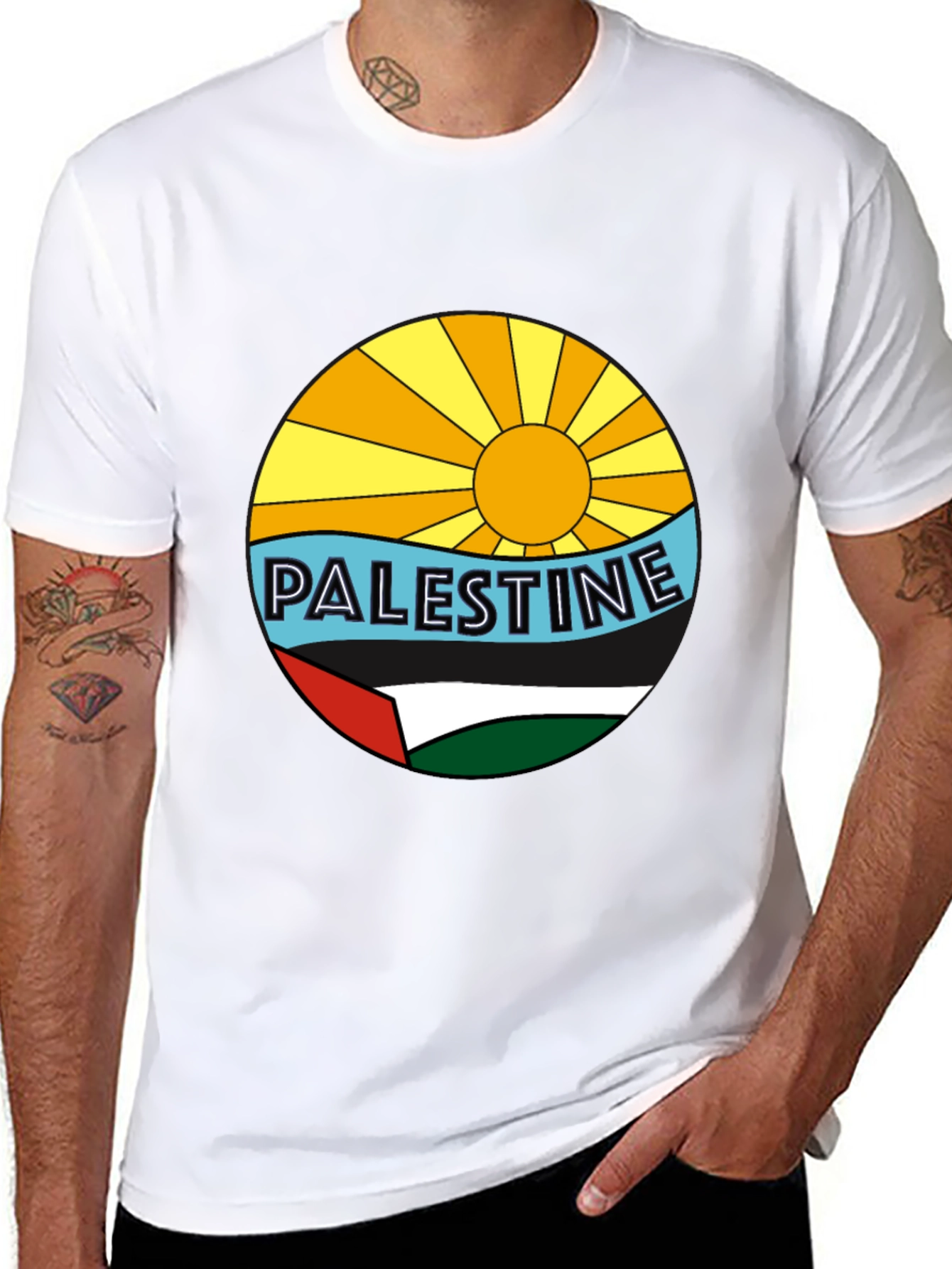 Palestine Graphic Tee - Sun Sea & Flag Design