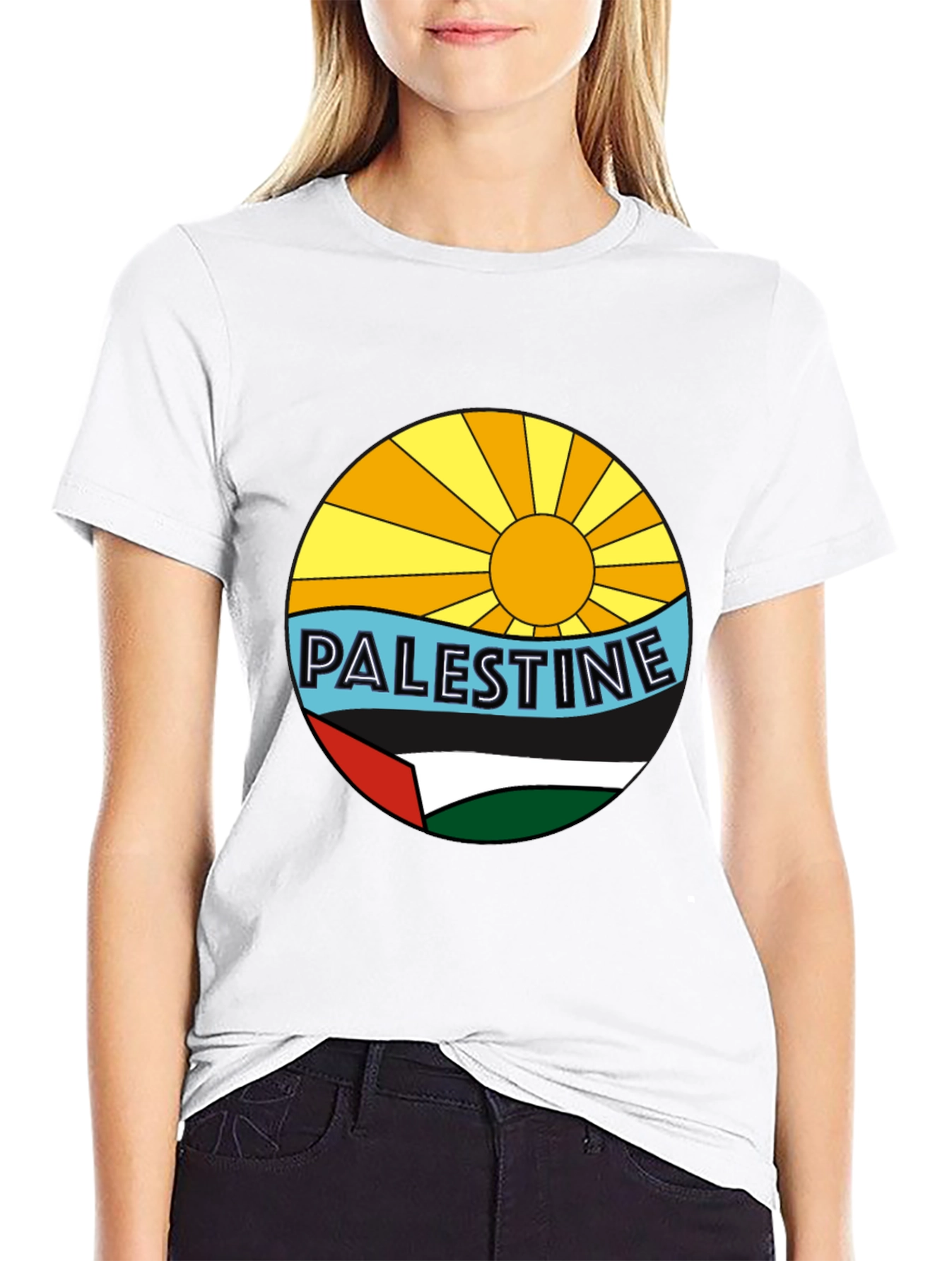 Palestine Graphic Tee - Sun Sea & Flag Design