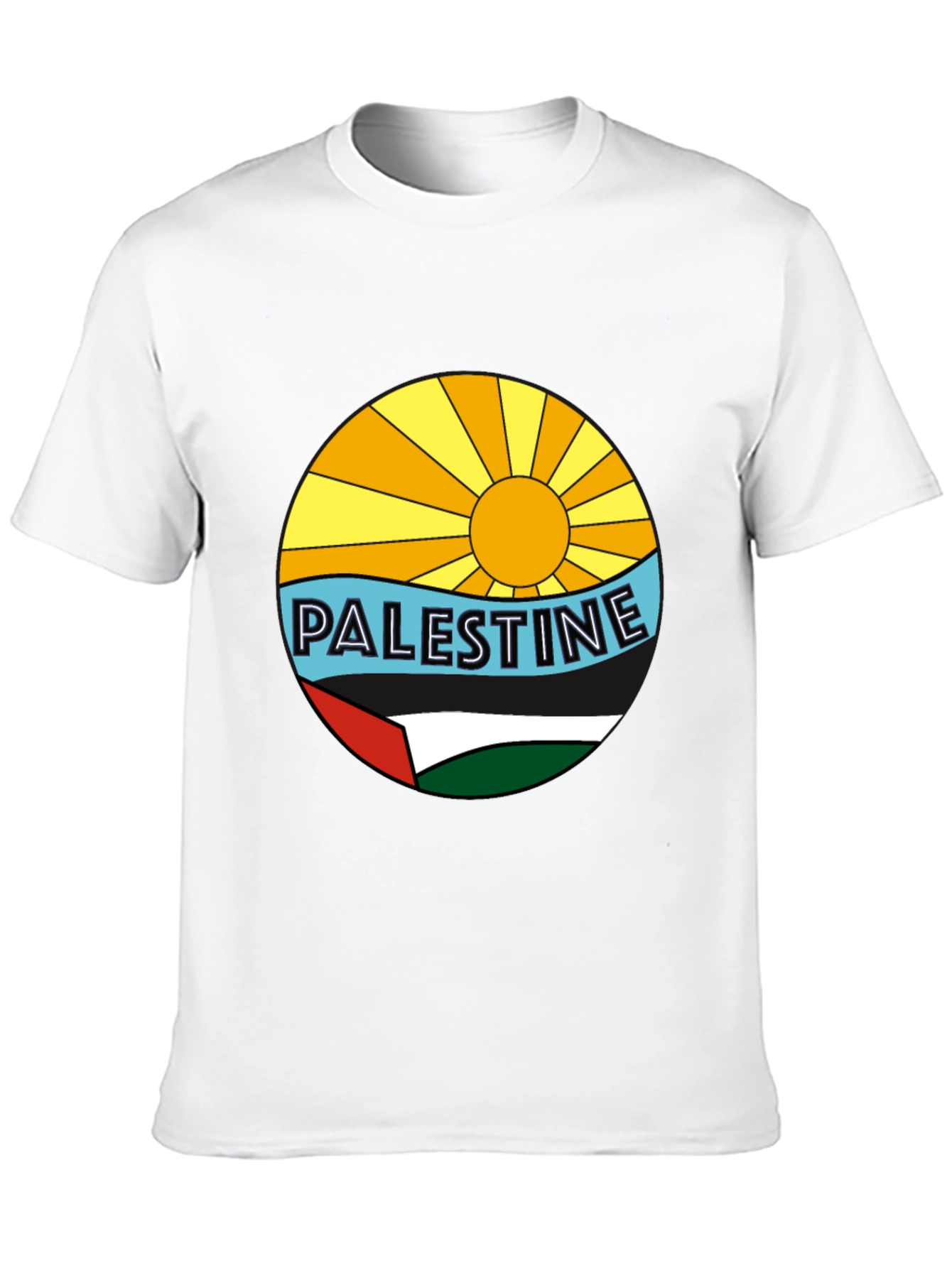 Palestine Graphic Tee - Sun Sea & Flag Design
