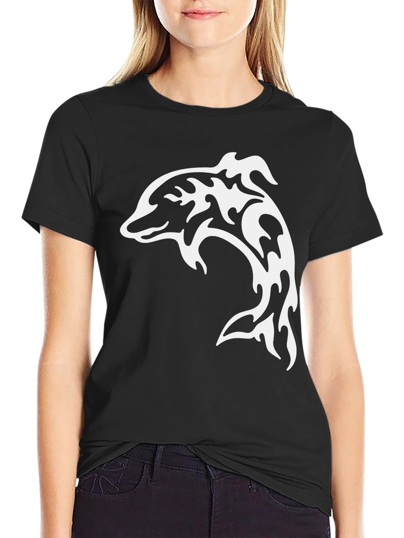 Tribal Dolphin Graphic Tee - Black
