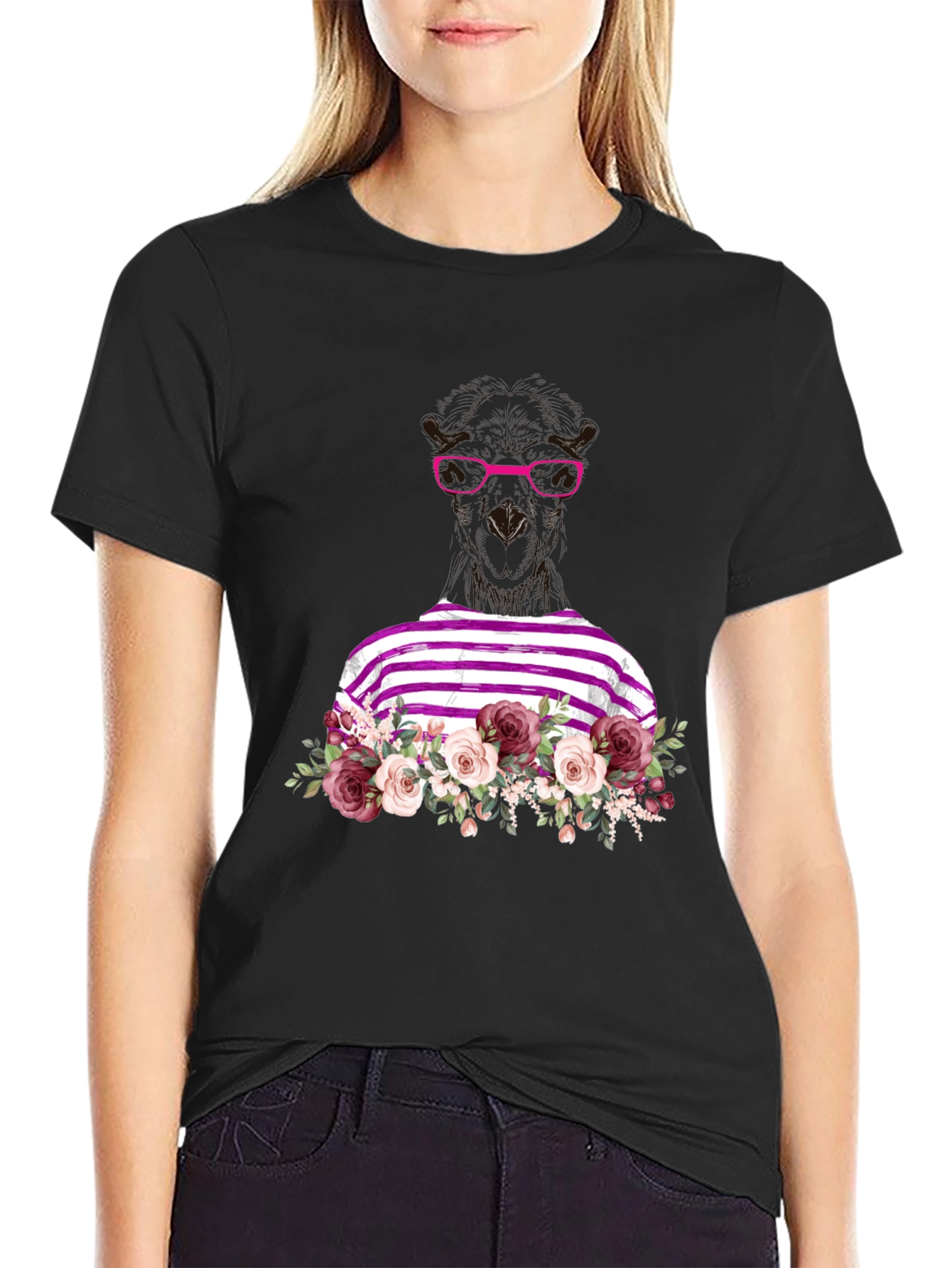 Floral Llama Graphic Tee - Unique Striped Shirt