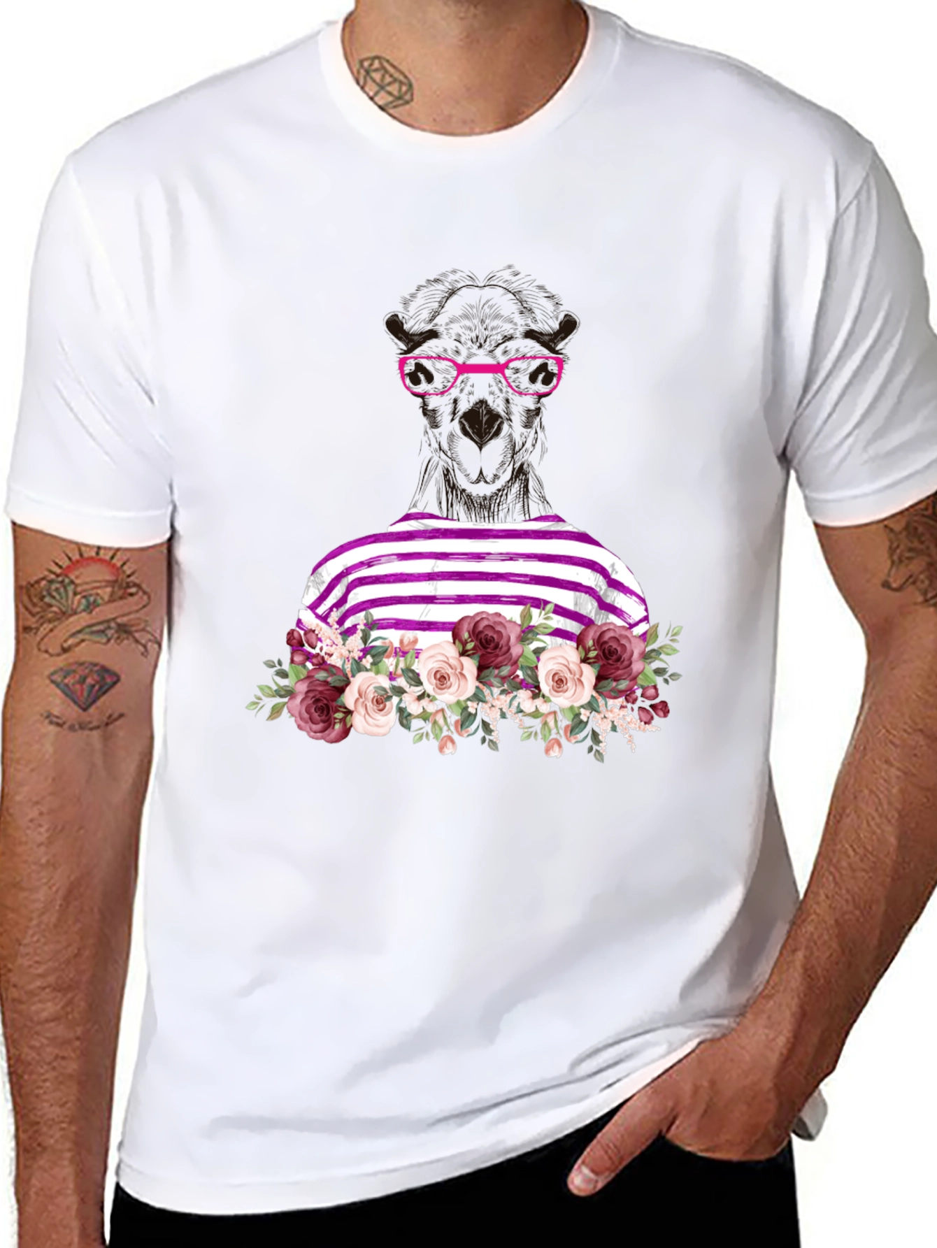 Floral Llama Graphic Tee - Unique Striped Shirt