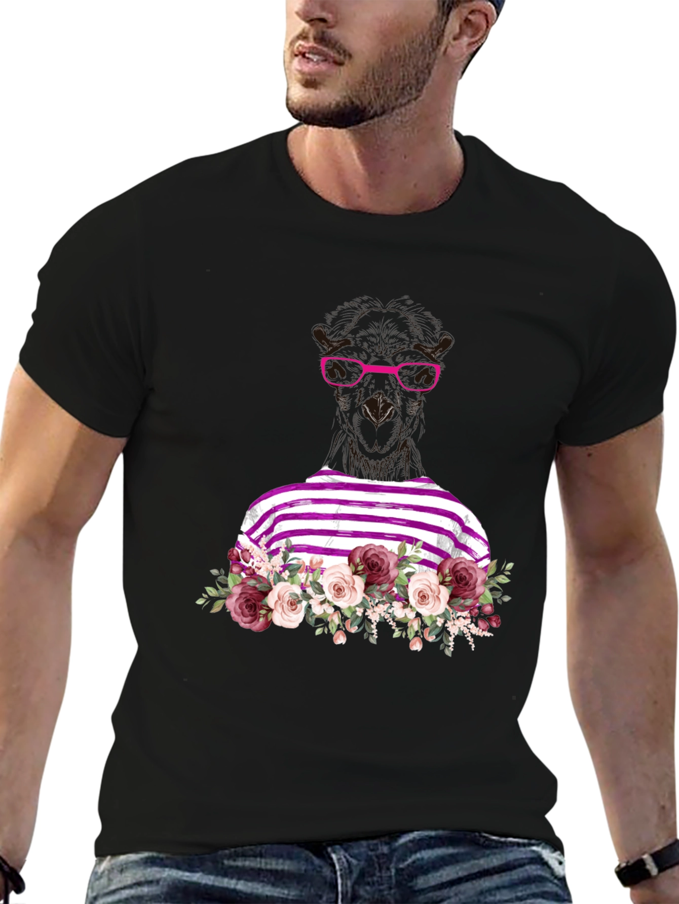 Floral Llama Graphic Tee - Unique Striped Shirt