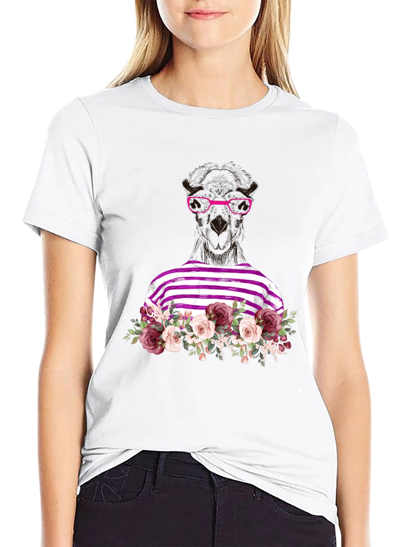 Floral Llama Graphic Tee - Unique Striped Shirt
