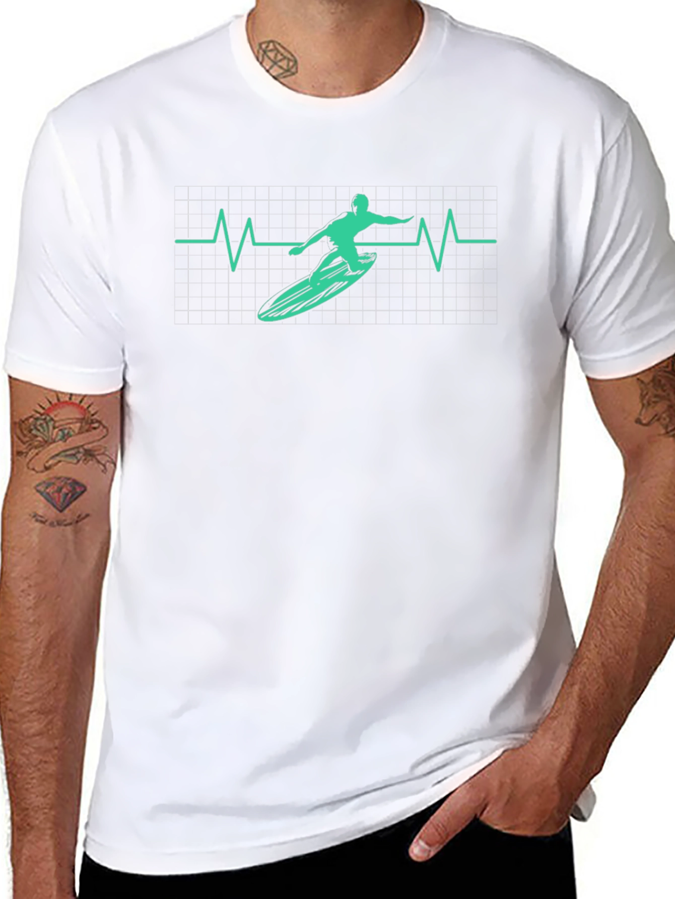 Surfing Heartbeat Graphic Tee - Black Cotton T-Shirt