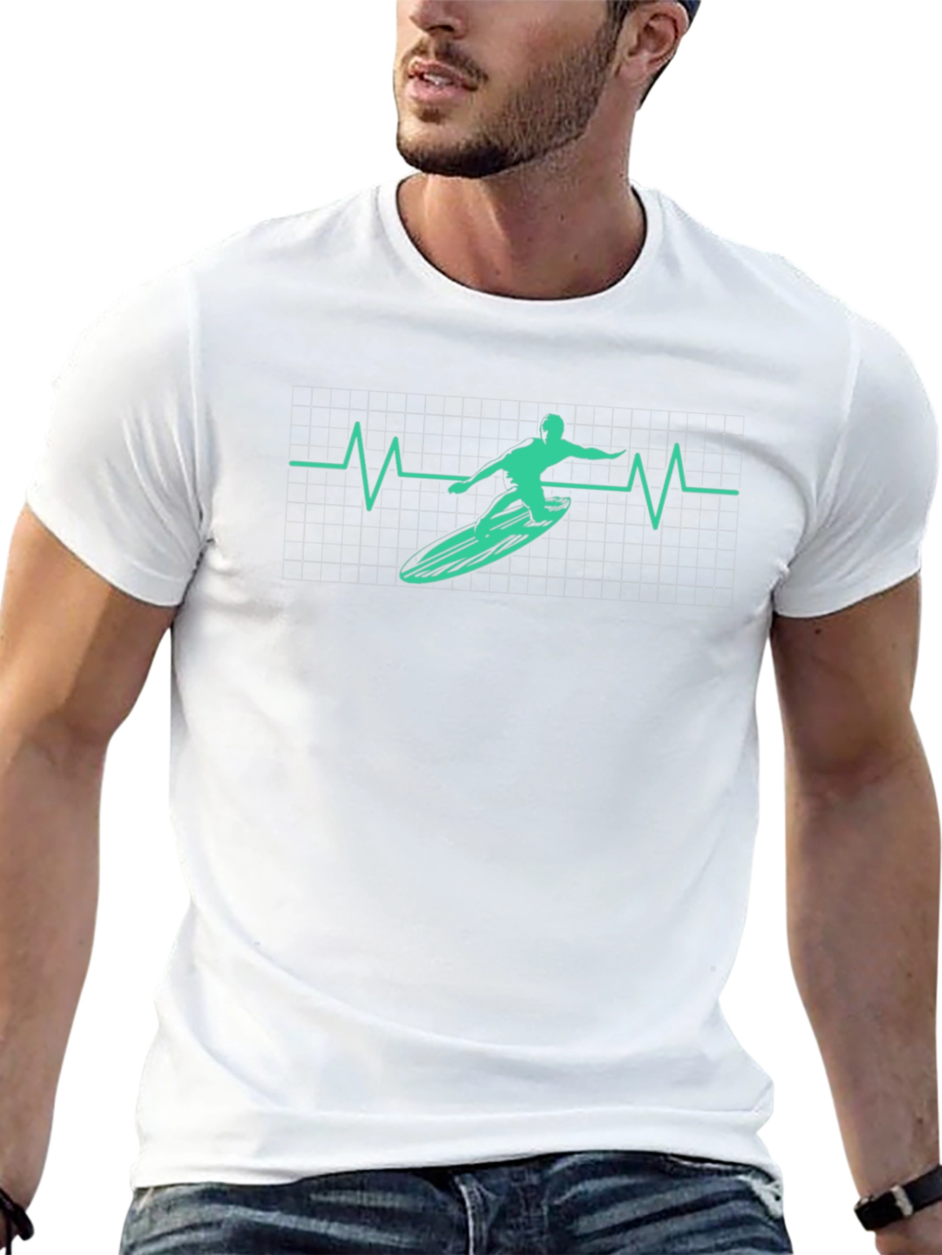 Surfing Heartbeat Graphic Tee - Black Cotton T-Shirt