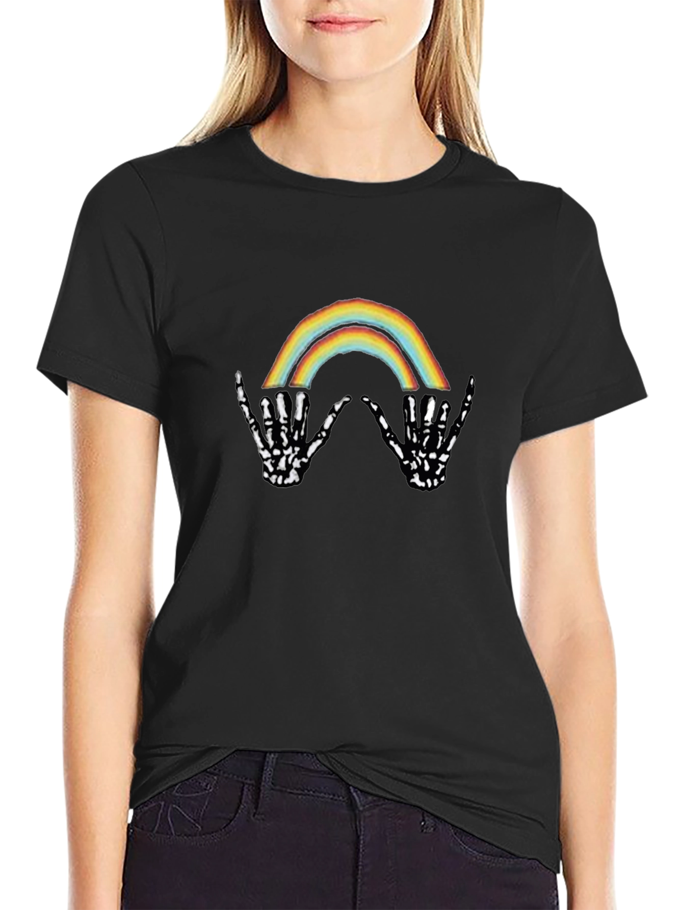 Rainbow Skeleton Hand Graphic Tee - Black