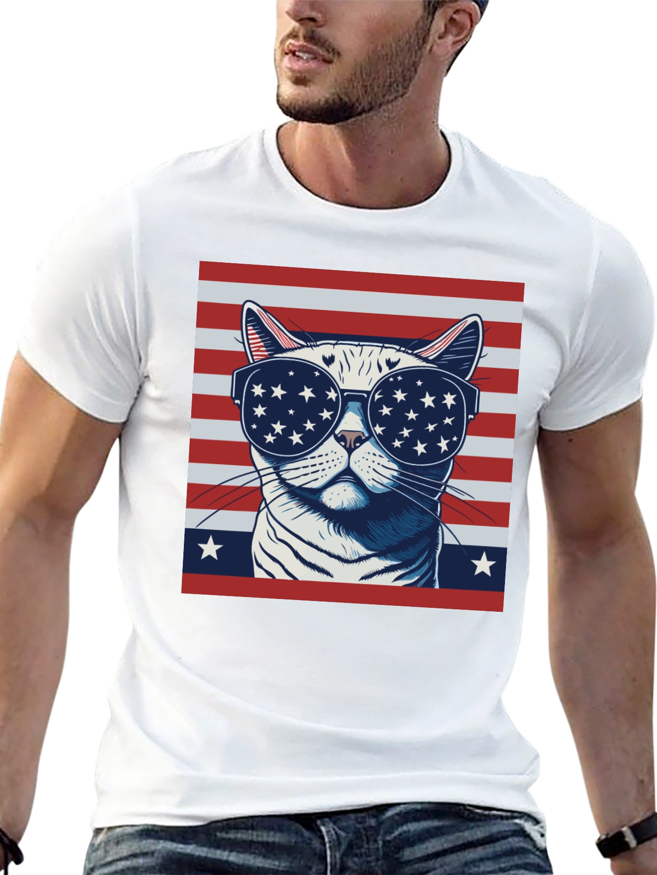 Patriotic Cat T-Shirt - USA Flag Sunglasses