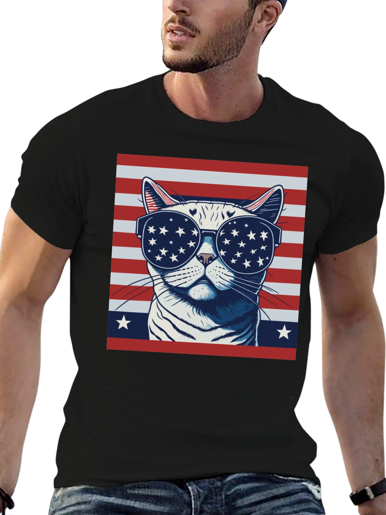 Patriotic Cat T-Shirt - USA Flag Sunglasses