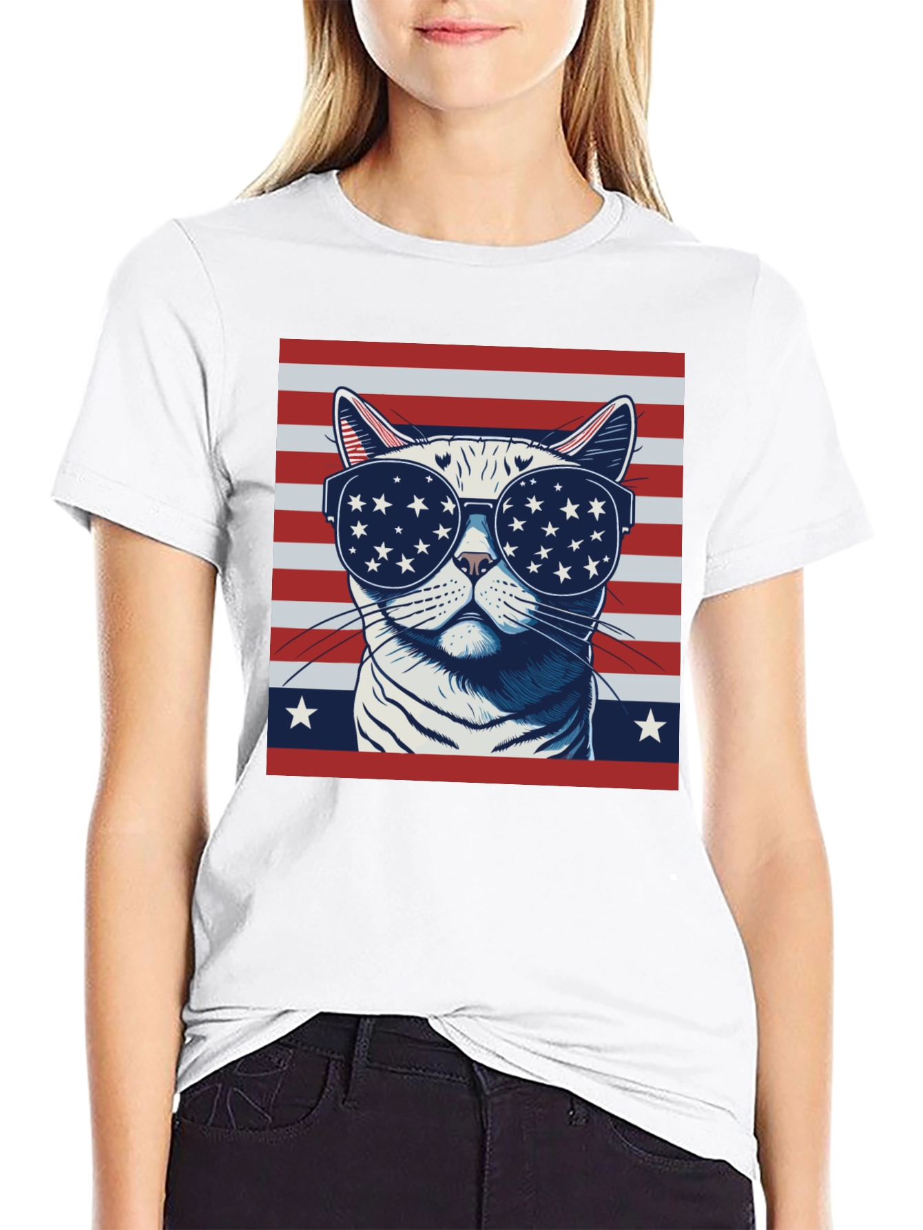 Patriotic Cat T-Shirt - USA Flag Sunglasses