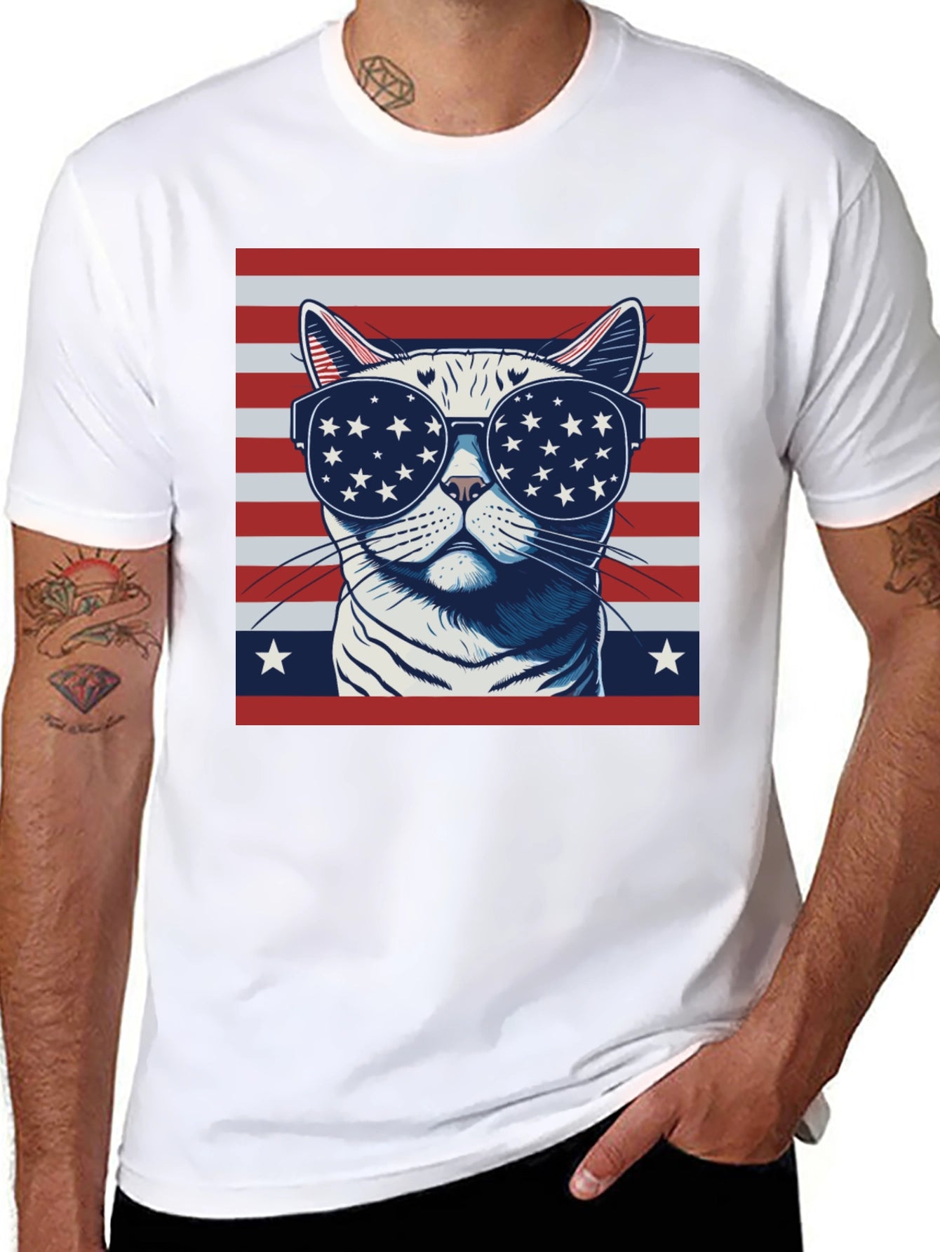 Patriotic Cat T-Shirt - USA Flag Sunglasses