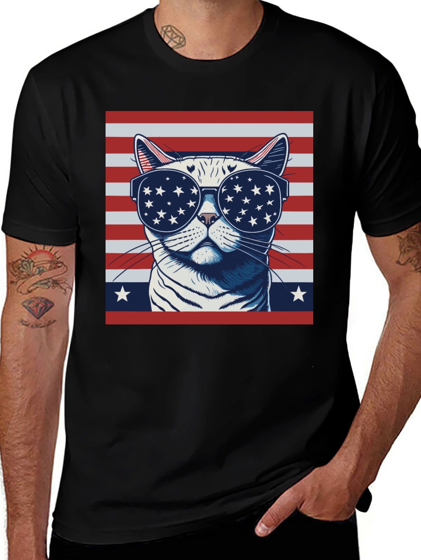 Patriotic Cat T-Shirt - USA Flag Sunglasses