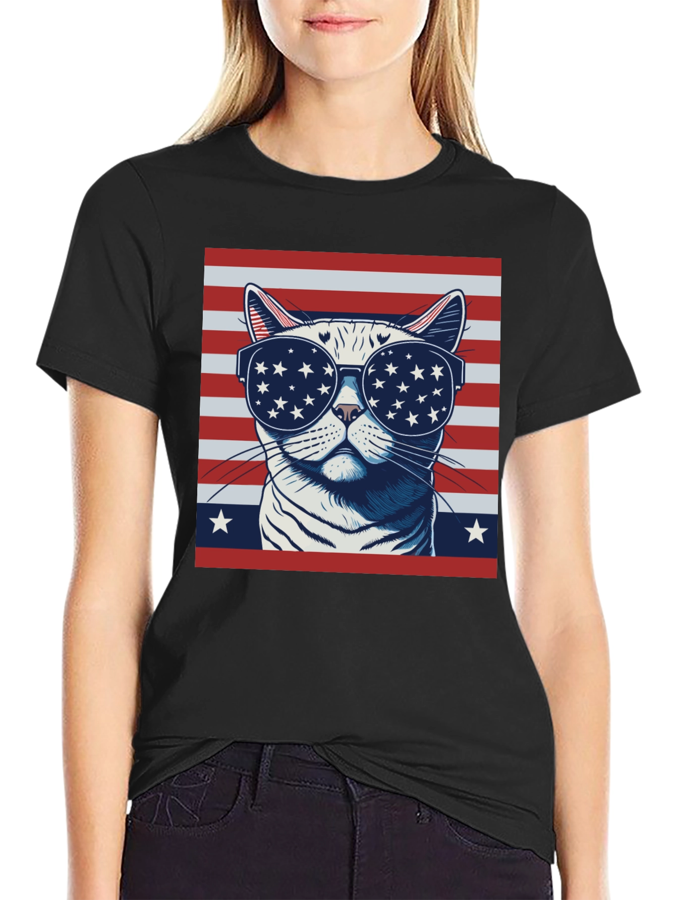 Patriotic Cat T-Shirt - USA Flag Sunglasses