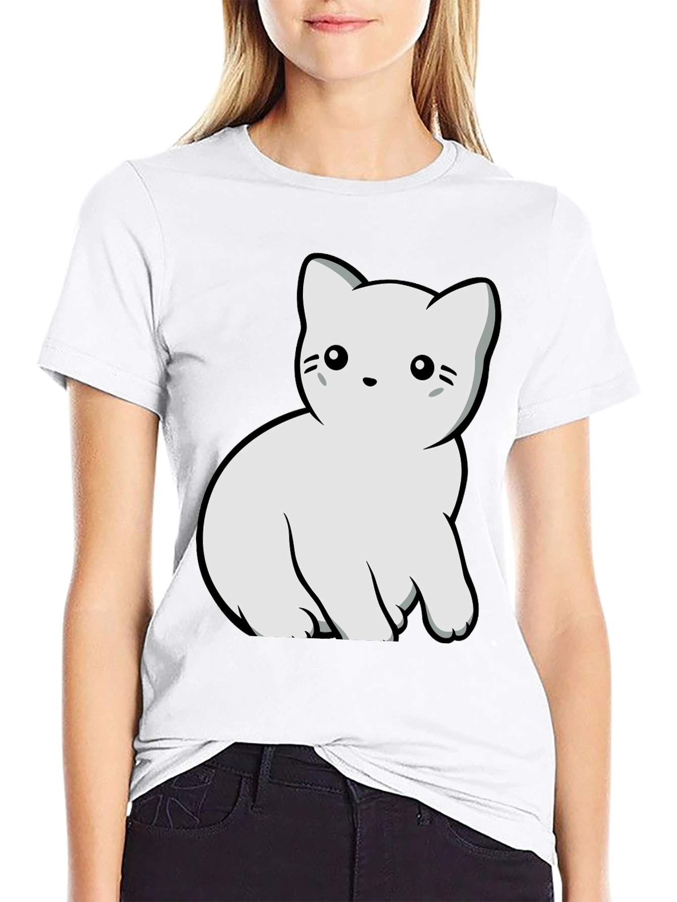 Cute Cat Graphic T-Shirt - Black Cotton Blend Tee