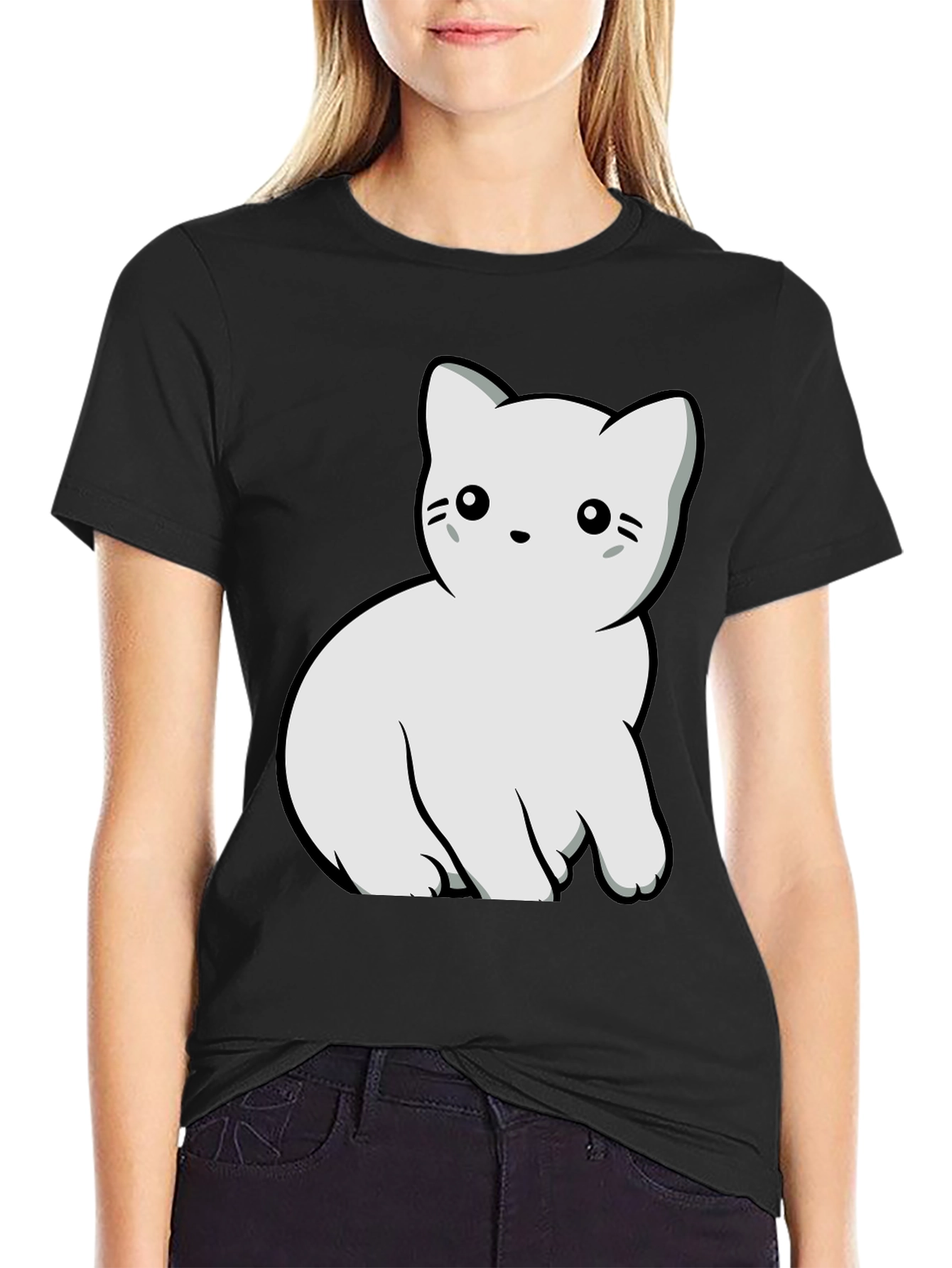 Cute Cat Graphic T-Shirt - Black Cotton Blend Tee