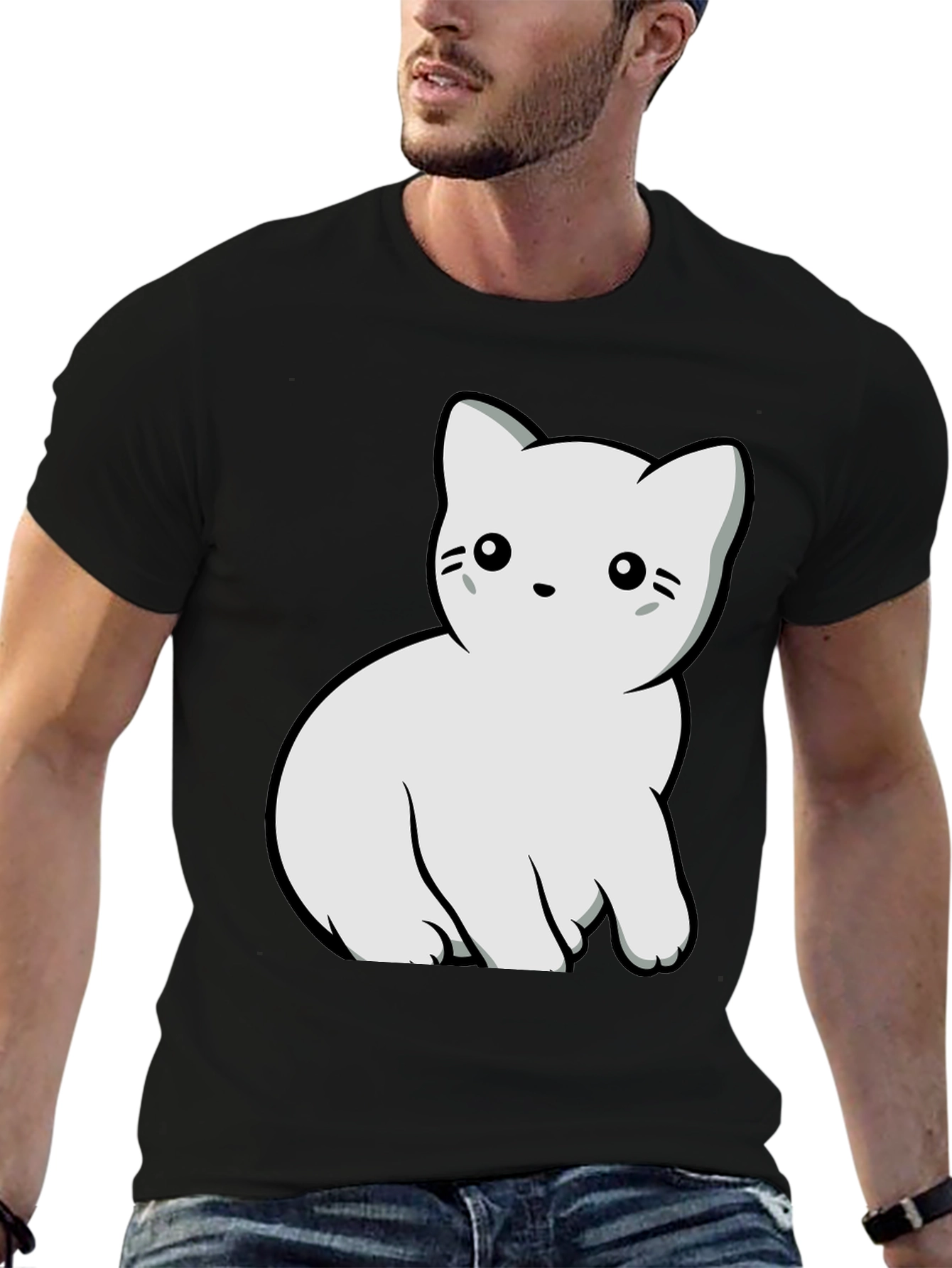 Cute Cat Graphic T-Shirt - Black Cotton Blend Tee