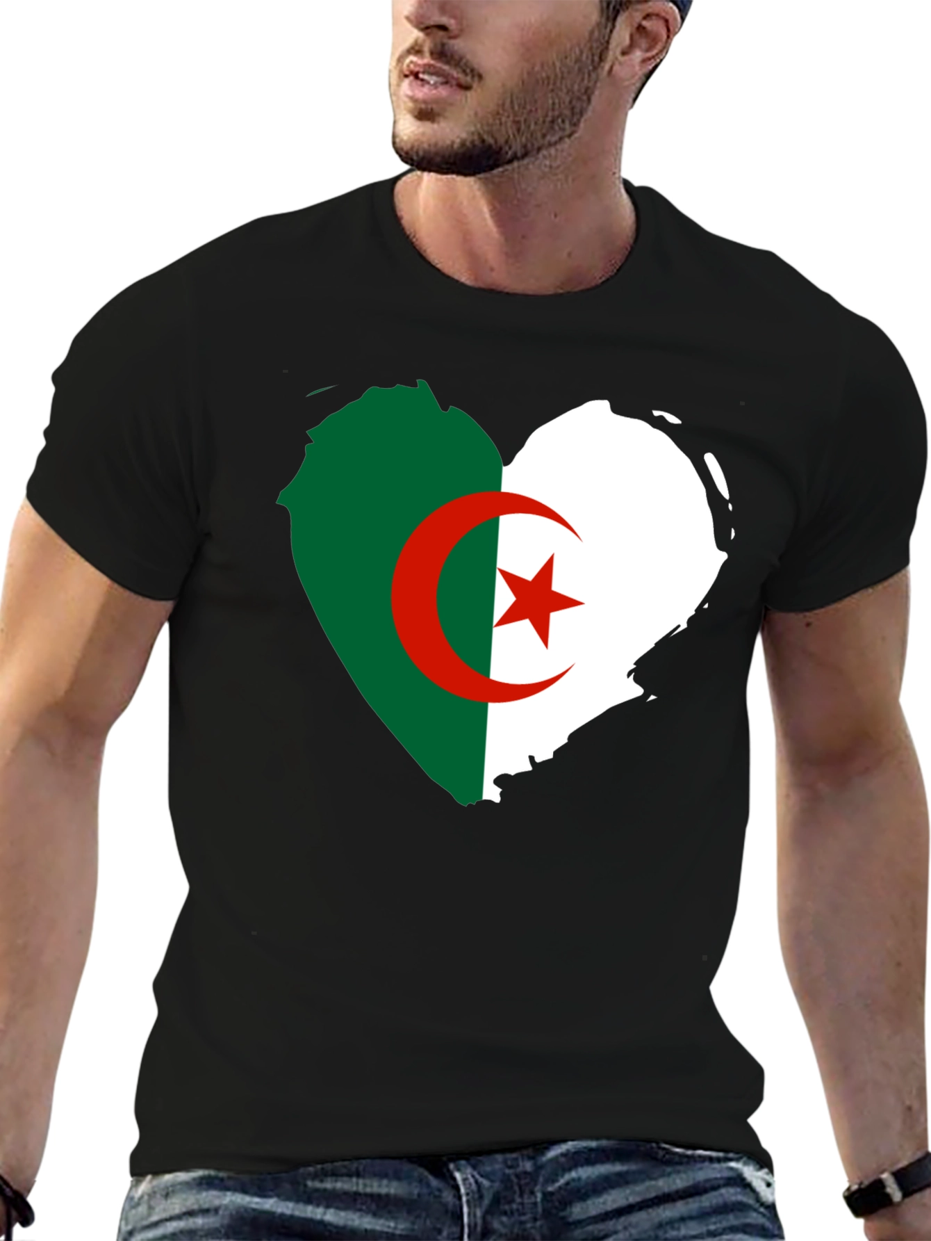 Algeria Flag Heart T-Shirt - Black Crew Neck Tee