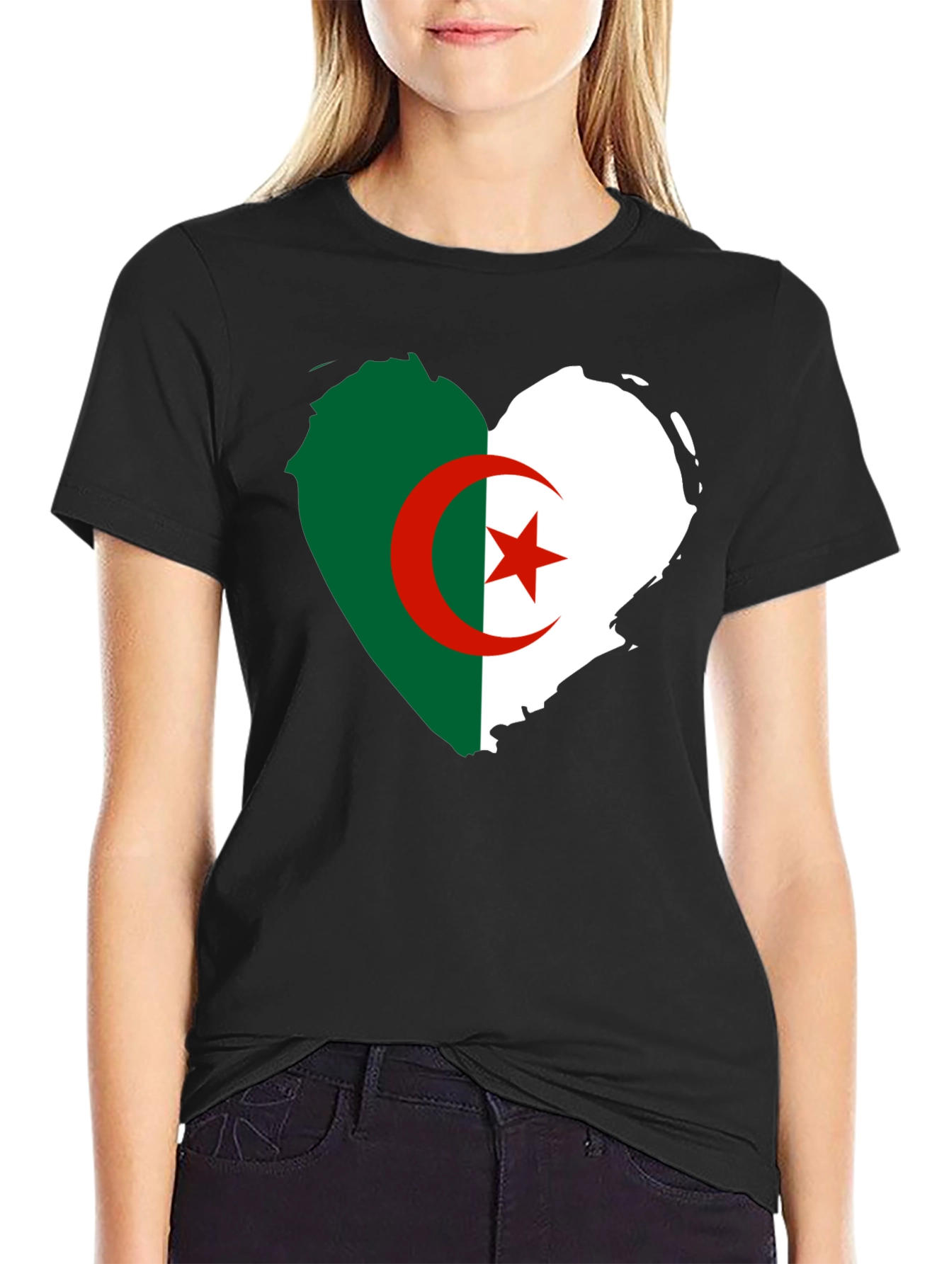 Algeria Flag Heart T-Shirt - Black Crew Neck Tee