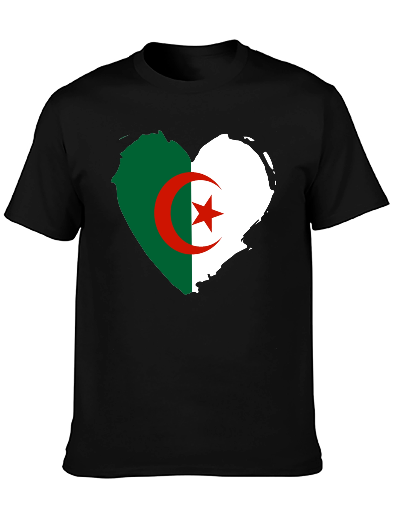 Algeria Flag Heart T-Shirt - Black Crew Neck Tee