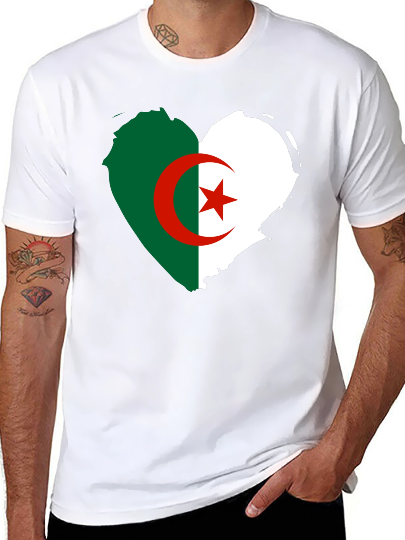 Algeria Flag Heart T-Shirt - Black Crew Neck Tee