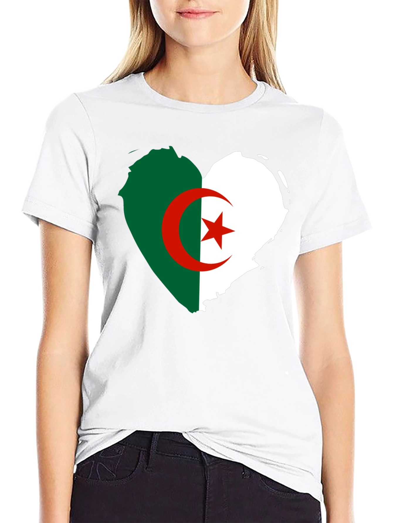 Algeria Flag Heart T-Shirt - Black Crew Neck Tee