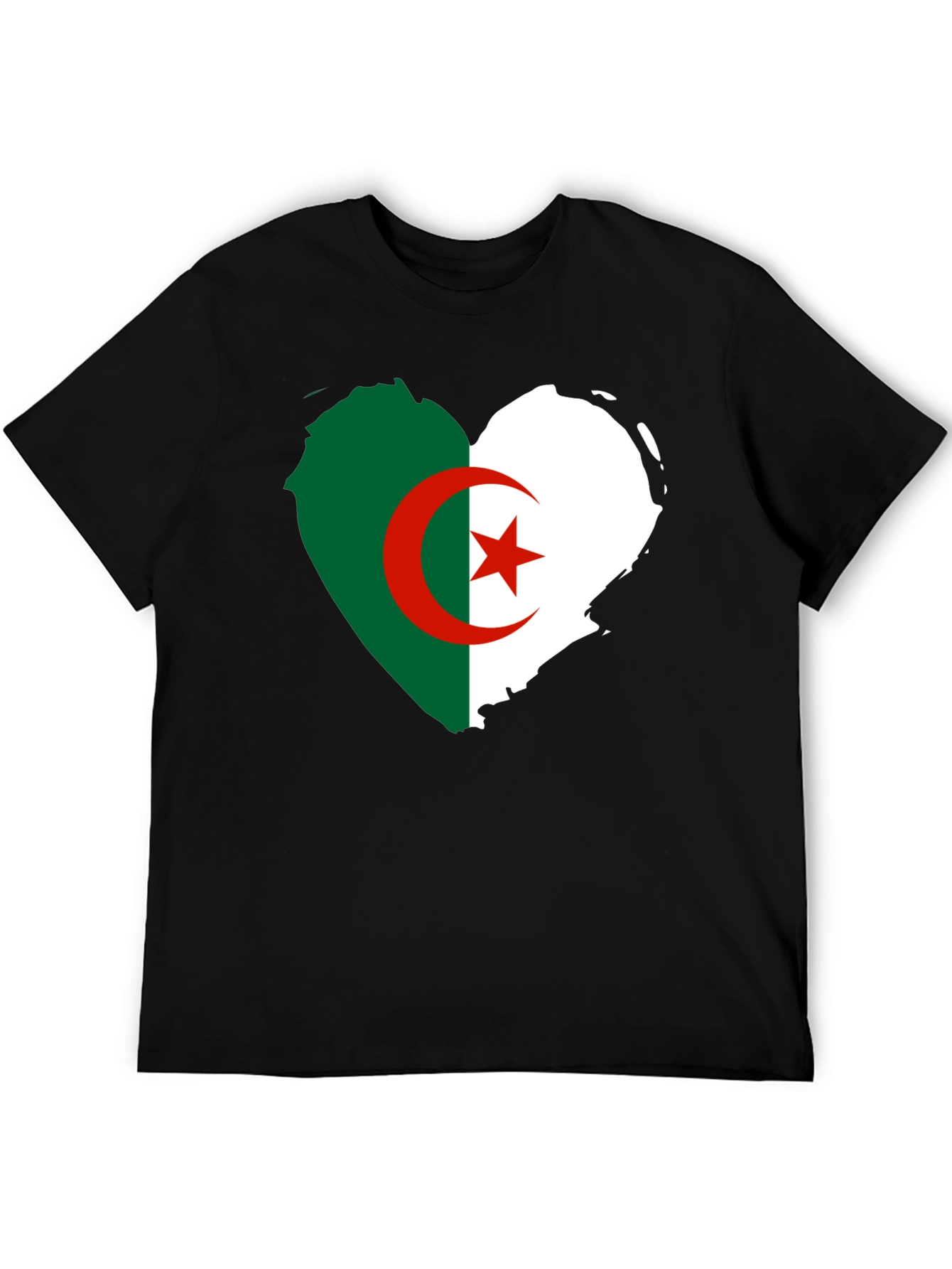 Algeria Flag Heart T-Shirt - Black Crew Neck Tee