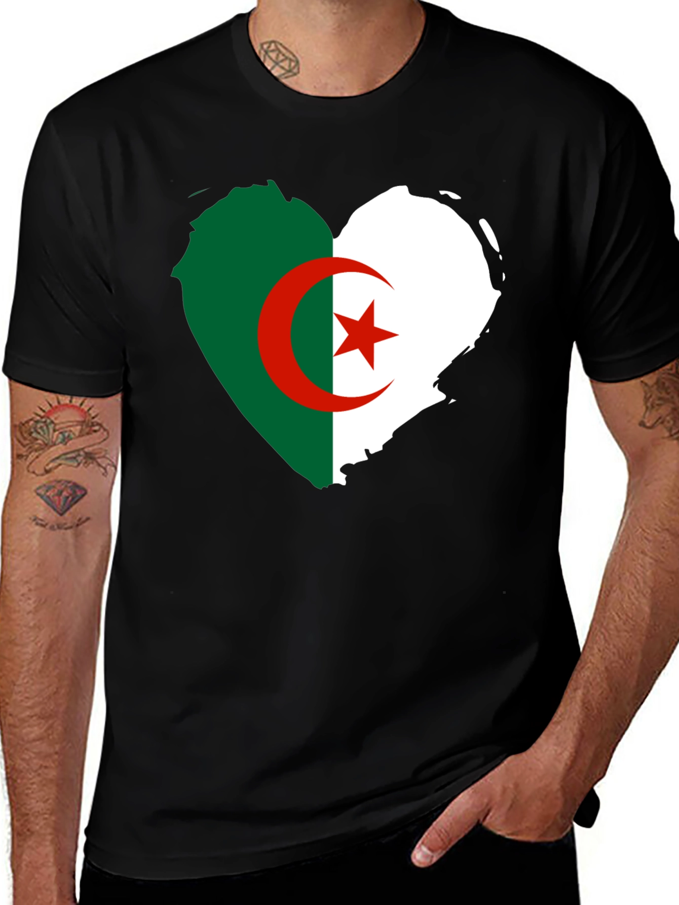 Algeria Flag Heart T-Shirt - Black Crew Neck Tee